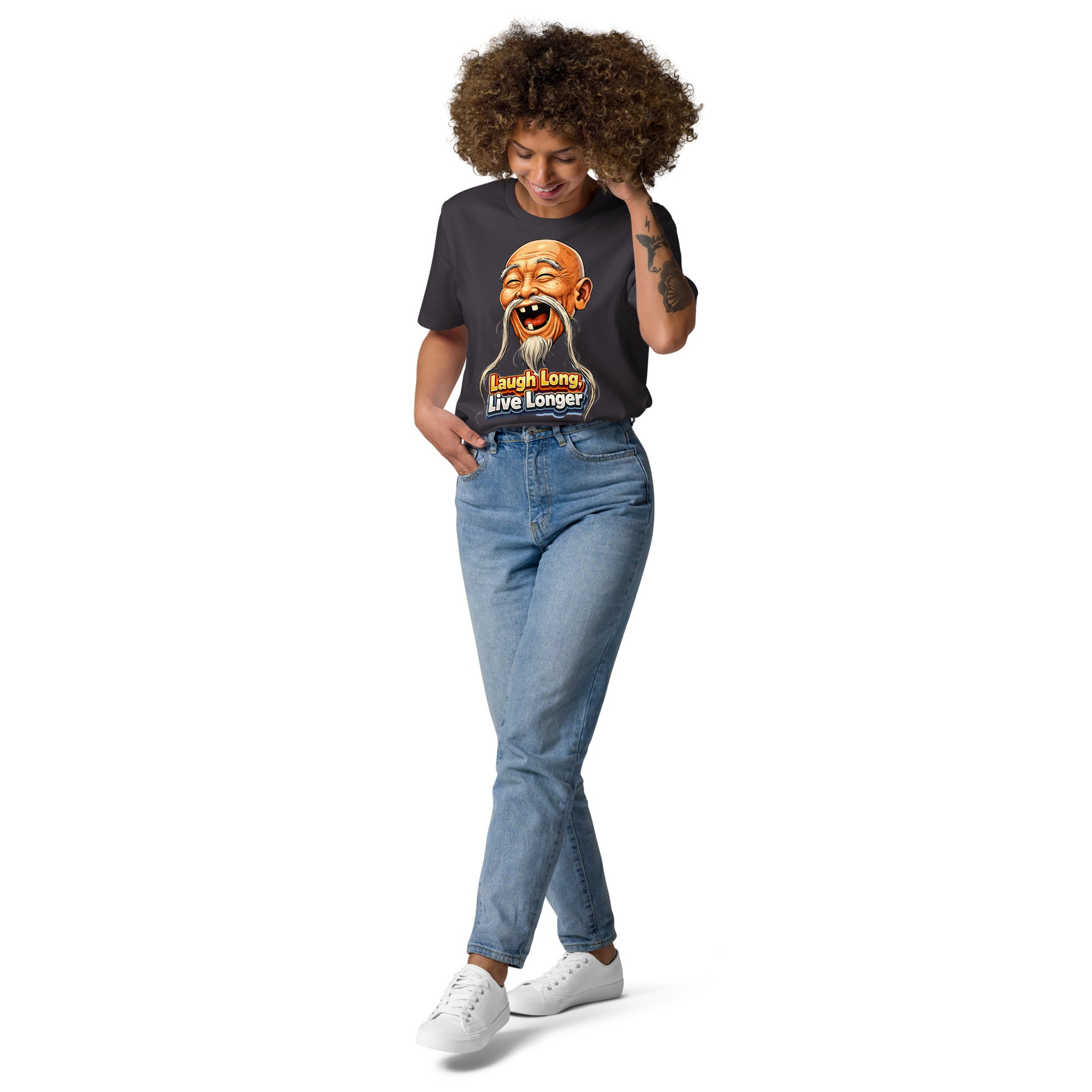 Unisex Organic Cotton Creator 2.0 T-Shirt - Wise Joy: Unisex Organic Cotton T-Shirt - Laugh Long Live Longer Graphic Tee by printfluence.net