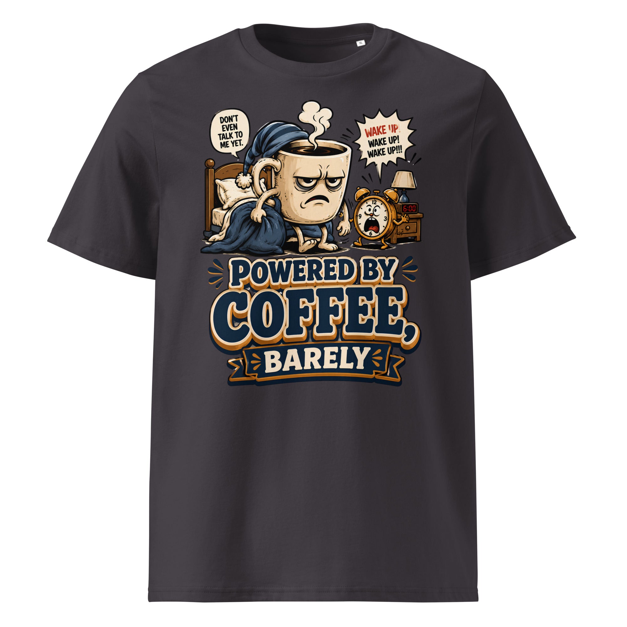 Coffee Lovers Unisex Organic Cotton Tee - Powered By Coffee, Barely! by printfluence.net