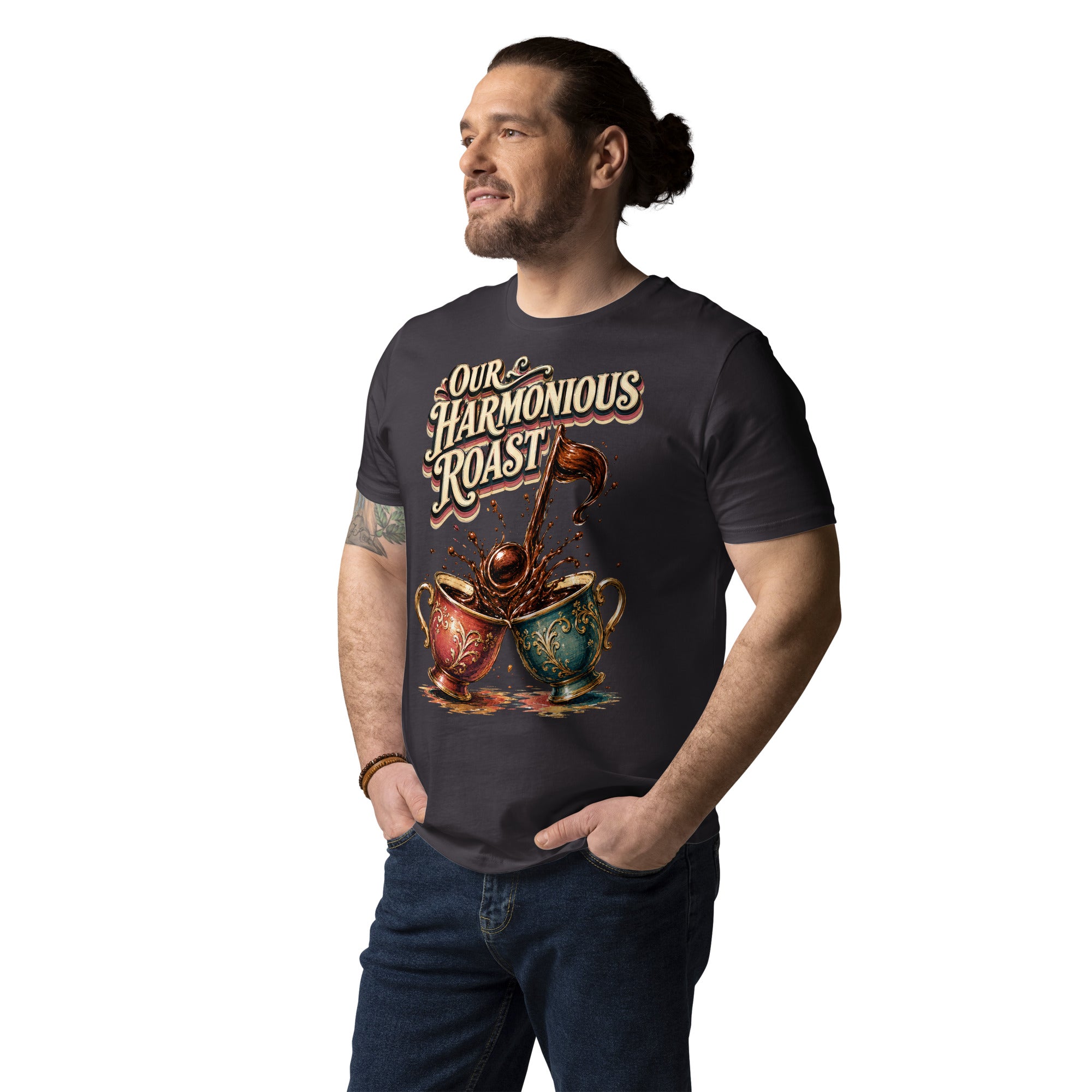 Coffee Lovers Unisex Organic Cotton T-Shirt Our Harmonious Roast – Musical Coffee Cups & Splatter Graphic Tee by printfluence.net