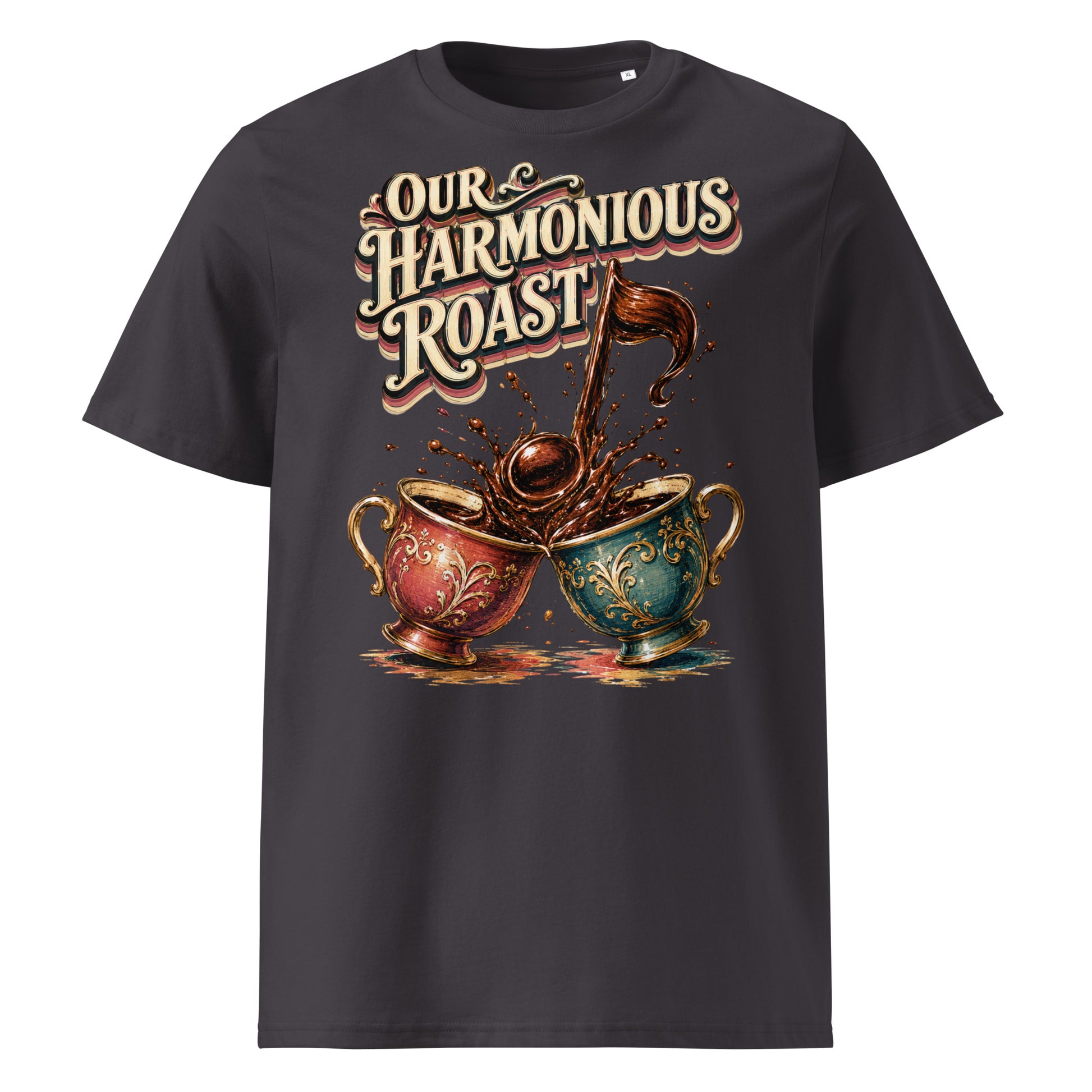 Coffee Lovers Unisex Organic Cotton T-Shirt Our Harmonious Roast – Musical Coffee Cups & Splatter Graphic Tee by printfluence.net