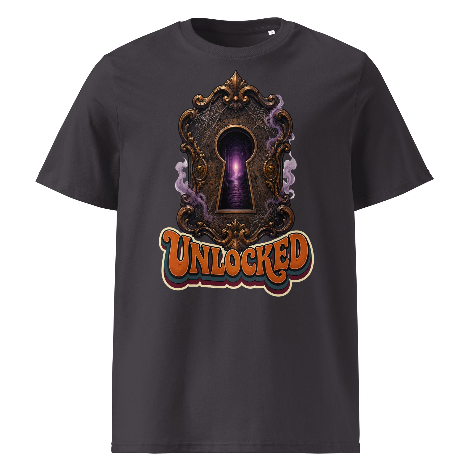 Horror and Mystery Lovers Unisex Organic Cotton Creator 2.0 T-Shirt — "Unlocked" Mystical Portal Design by printfluence.net