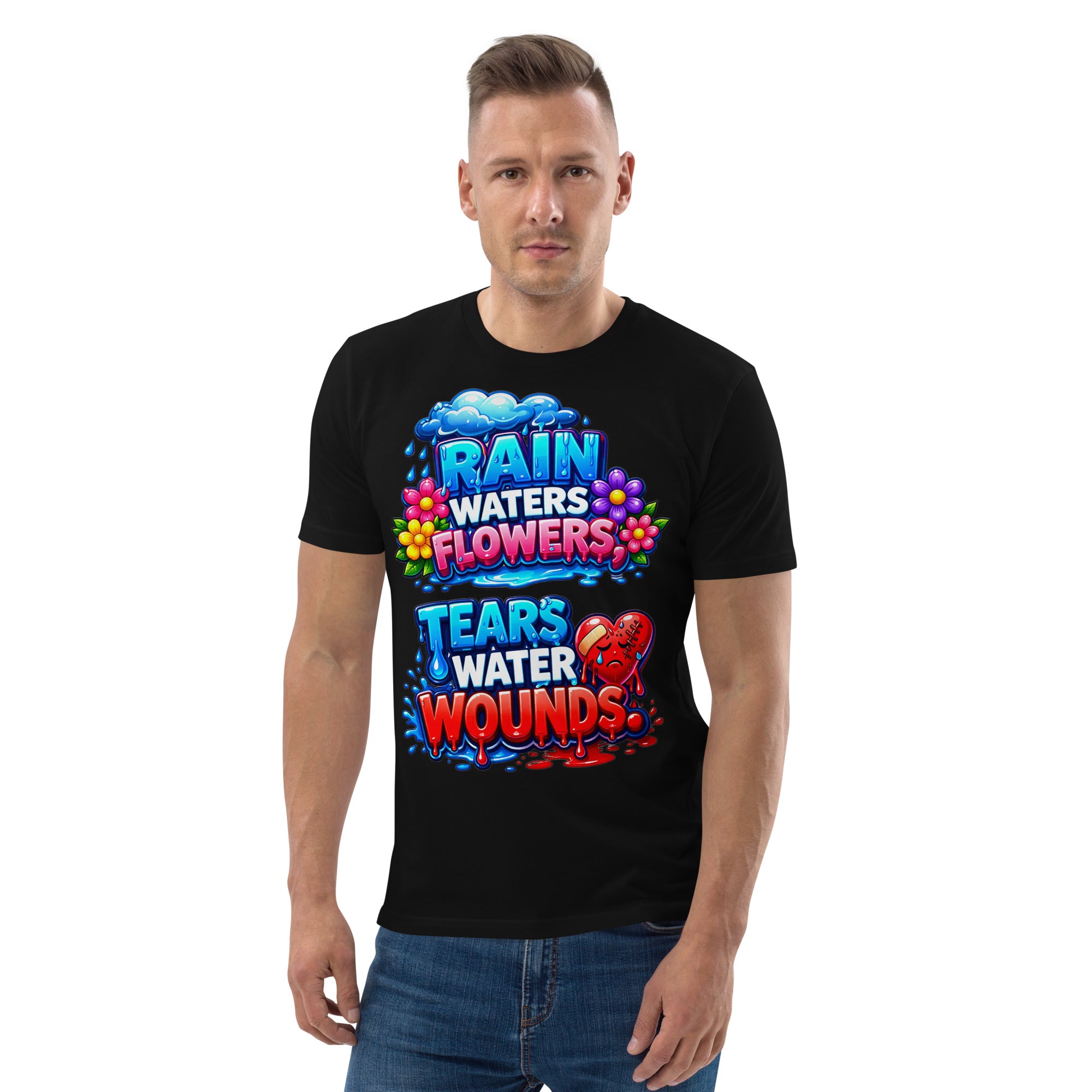 Unisex organic cotton t-shirt - Inspirational Healing Hearts Organic Tee – "Rain Waters Flowers" Positive Quote T-Shirt by printfluence.net