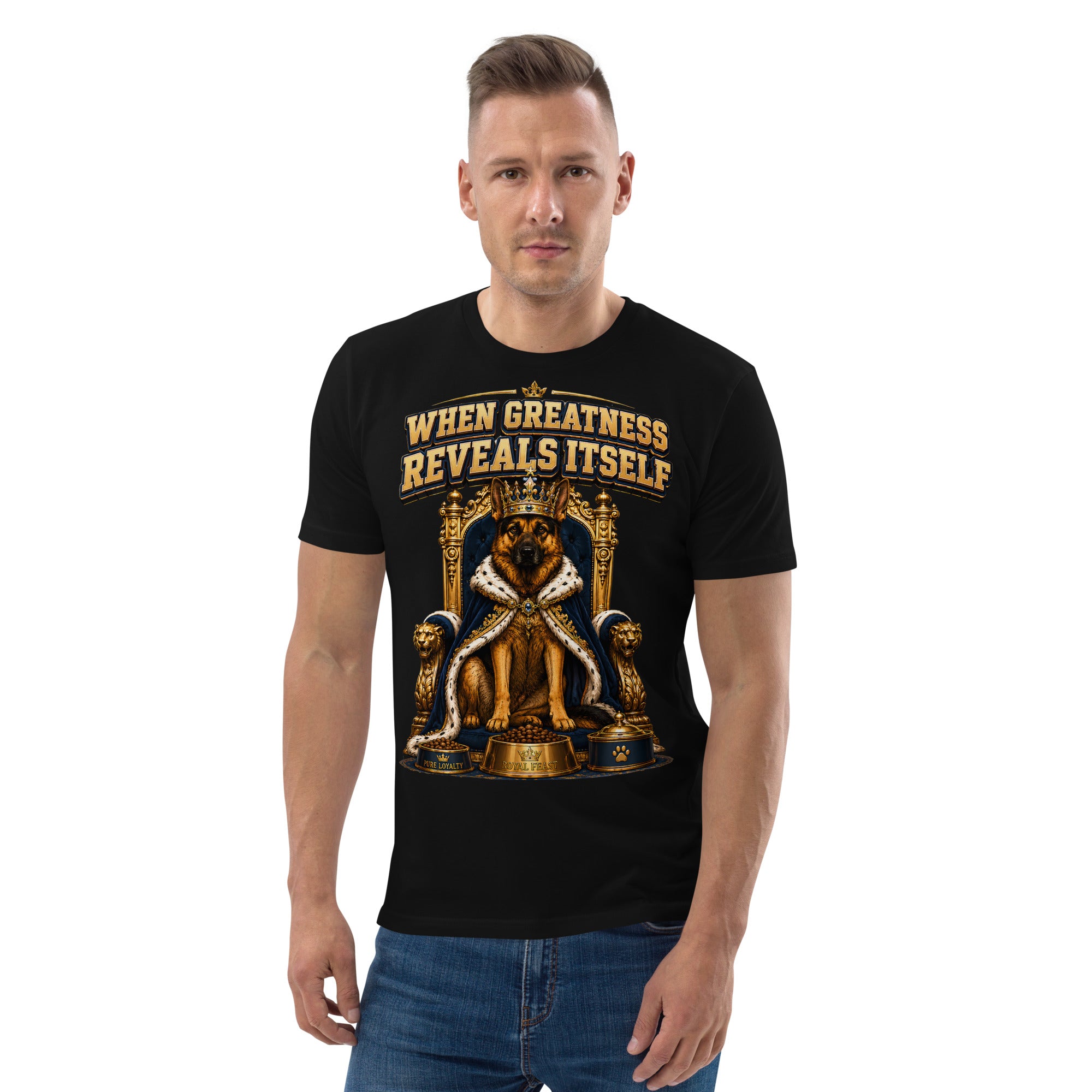 German Shepherd King Royal Greatness Organic Cotton T-Shirt by printfluence.net