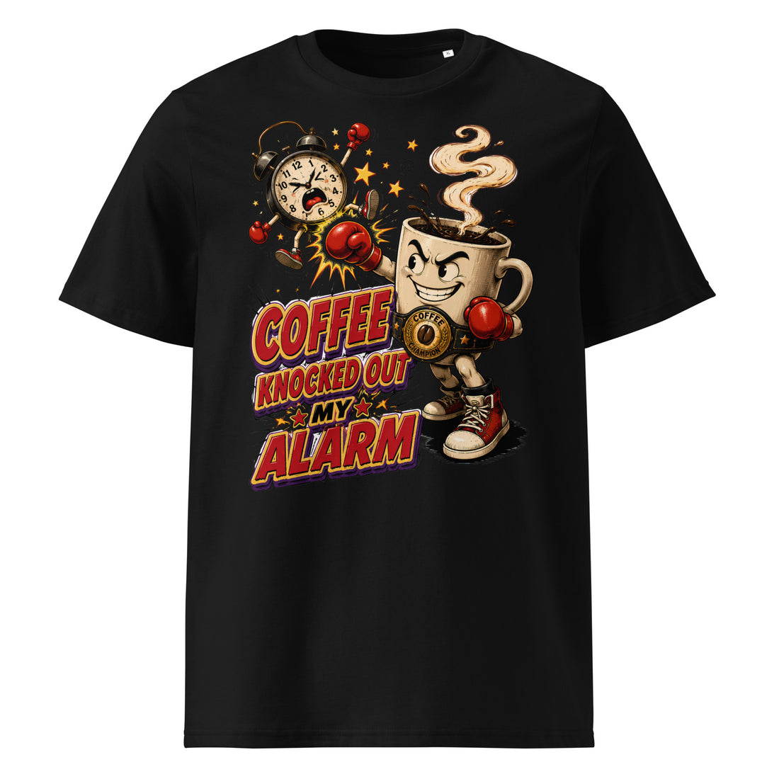 Coffee Lovers Unisex Organic Cotton T-SHIRT Coffee Knocked Out My Alarm – Funny Morning Motivation Graphic Tee by printfluence.net