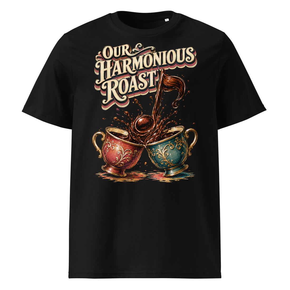 Coffee Lovers Unisex Organic Cotton T-Shirt Our Harmonious Roast – Musical Coffee Cups & Splatter Graphic Tee by printfluence.net