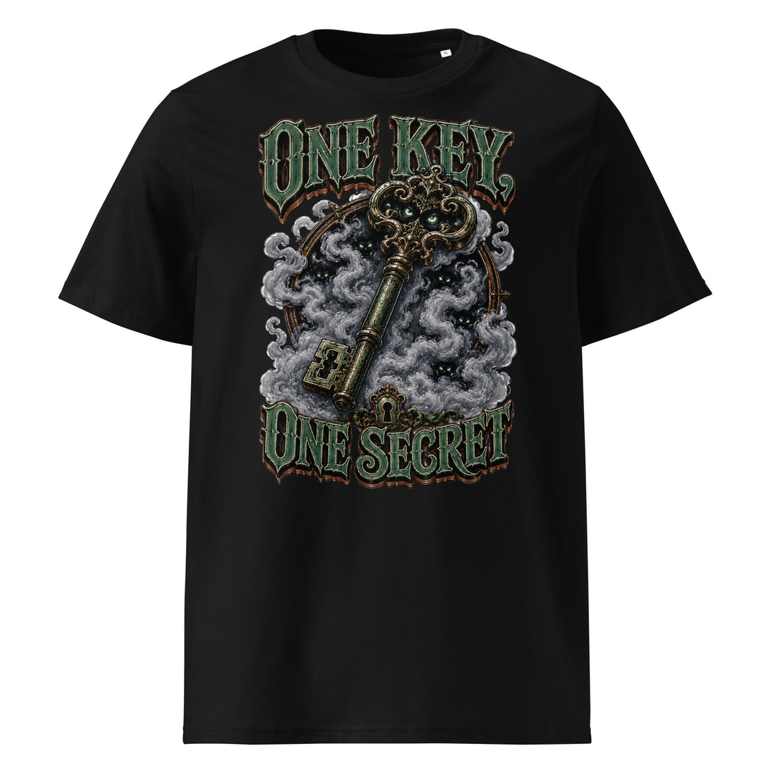Horror & Mystery Lovers Unisex Organic Cotton T-Shirt with "One Key, One Secret" Design by printfluence.net