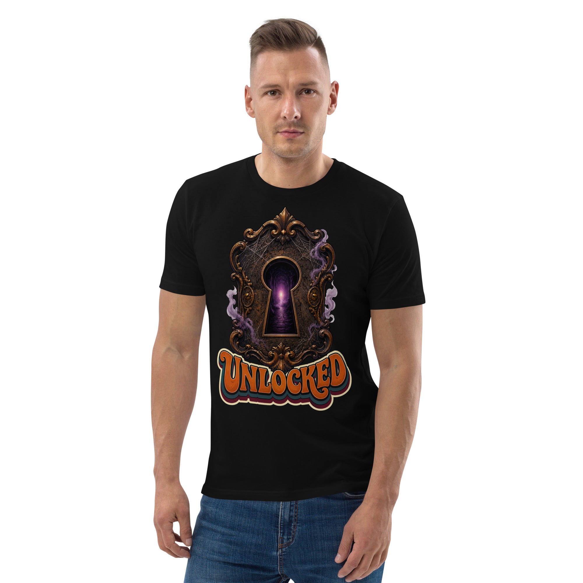 Horror and Mystery Lovers Unisex Organic Cotton Creator 2.0 T-Shirt — "Unlocked" Mystical Portal Design by printfluence.net