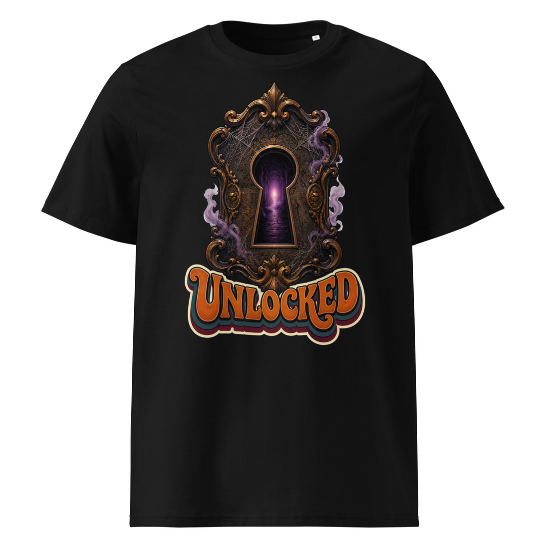 Horror and Mystery Lovers Unisex Organic Cotton Creator 2.0 T-Shirt — "Unlocked" Mystical Portal Design by printfluence.net