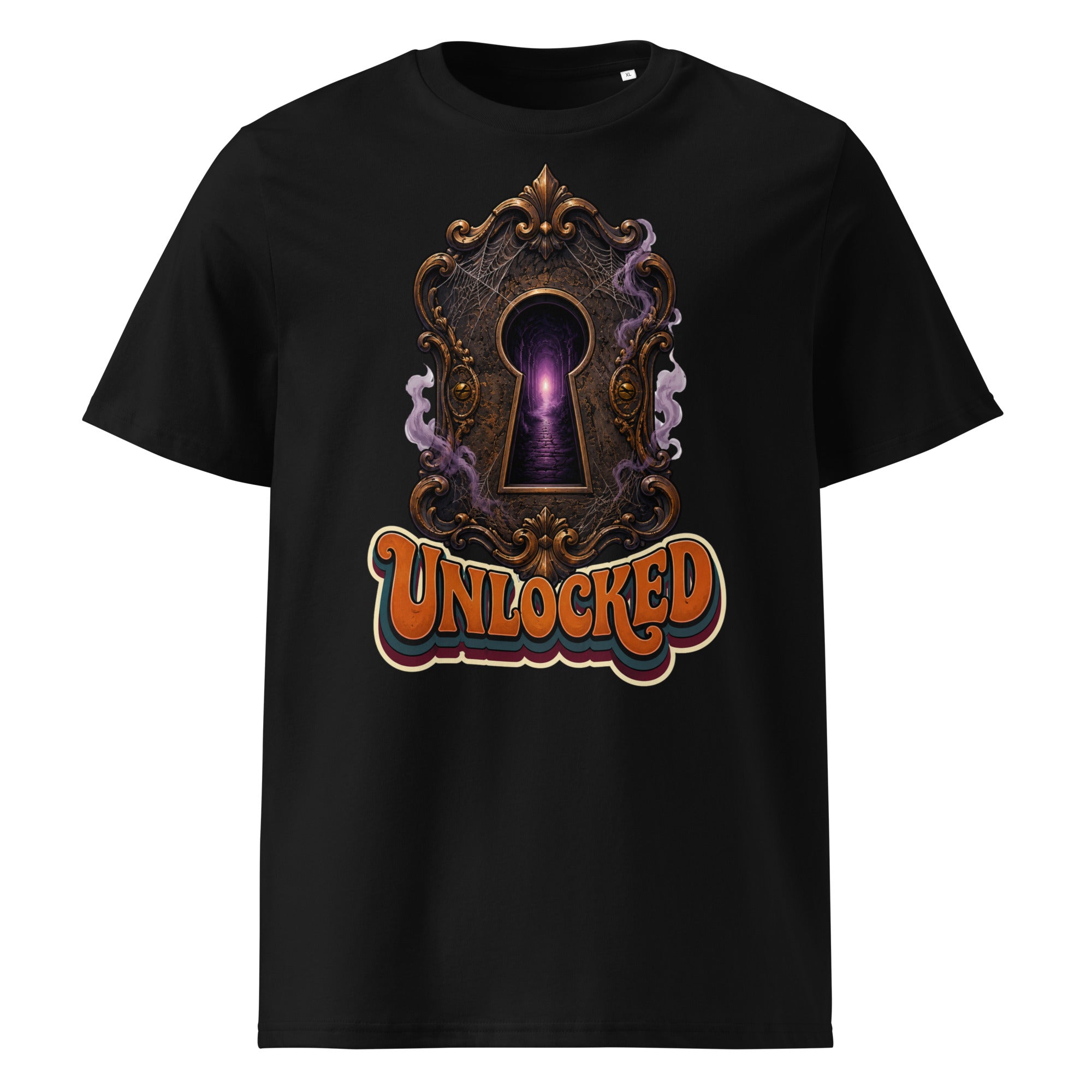 Horror and Mystery Lovers Unisex Organic Cotton Creator 2.0 T-Shirt — "Unlocked" Mystical Portal Design by printfluence.net