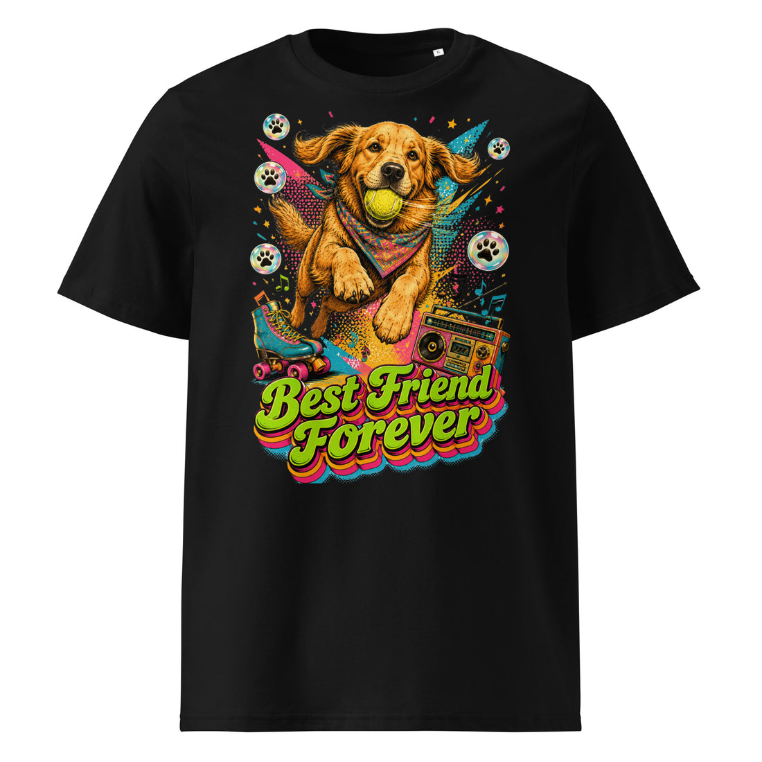Golden Retriever Lovers Unisex Organic Cotton T-Shirt — "Best Friend Forever" Retro 80s Roller Skate and Dog Design by printfluence.net