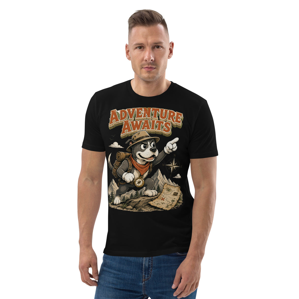 Pitbull Lovers | Unisex Organic Cotton T-Shirt - Adventure Awaits Explorer Dog by printfluence.net