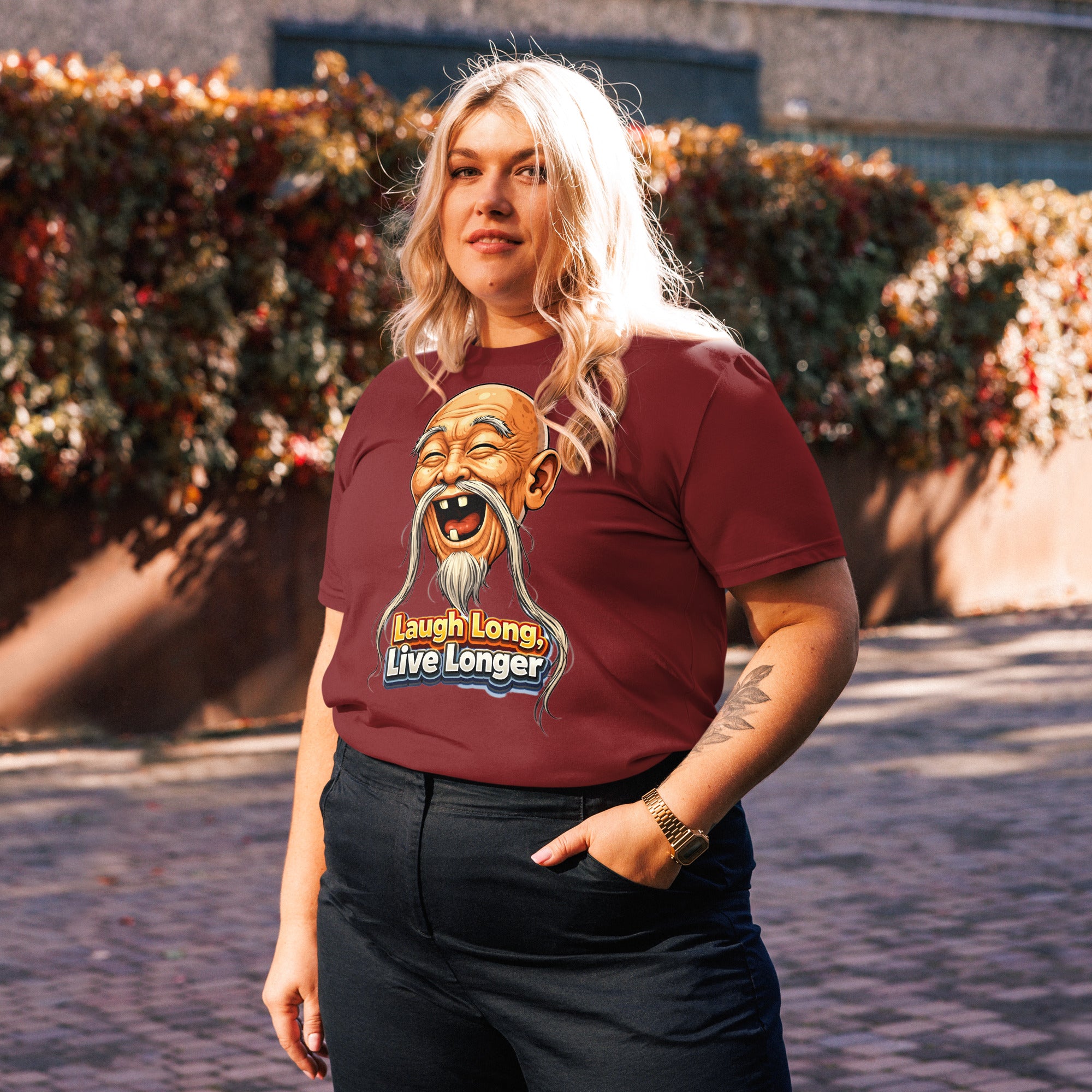 Unisex Organic Cotton Creator 2.0 T-Shirt - Wise Joy: Unisex Organic Cotton T-Shirt - Laugh Long Live Longer Graphic Tee by printfluence.net