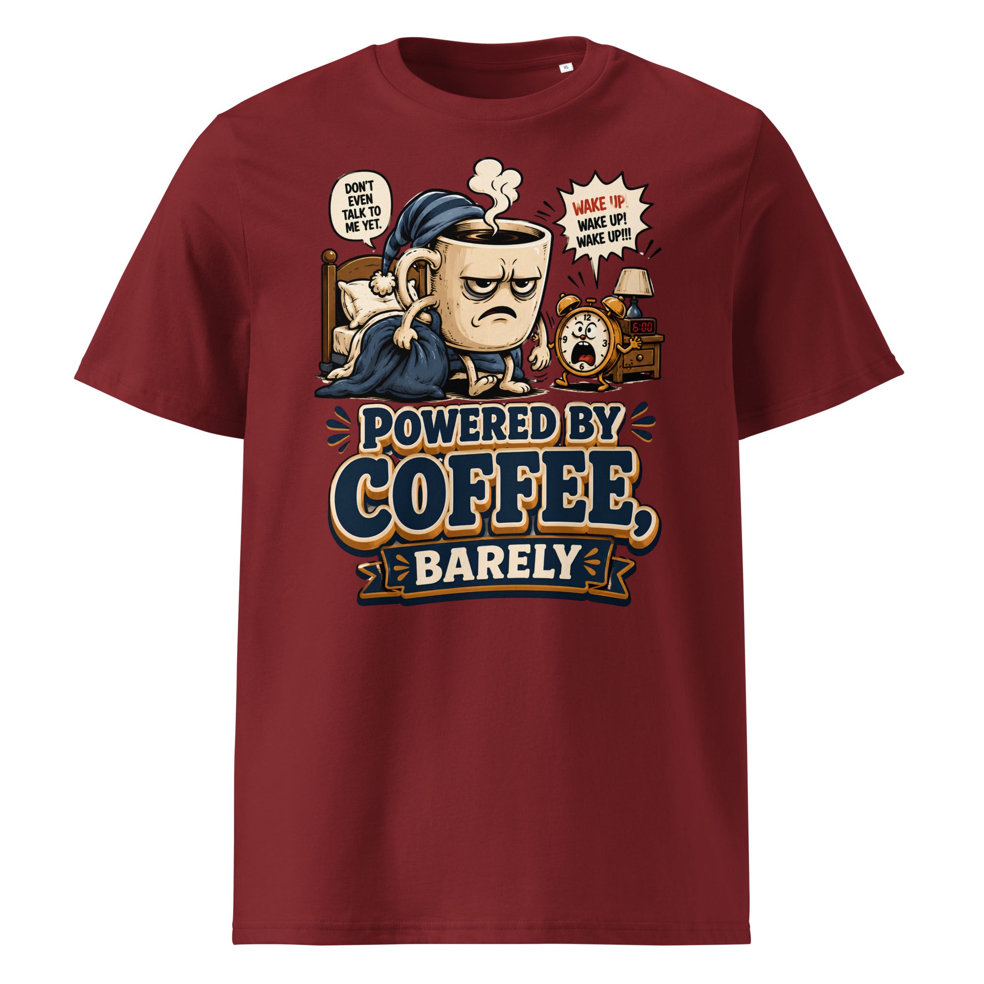 Coffee Lovers Unisex Organic Cotton Tee - Powered By Coffee, Barely! by printfluence.net