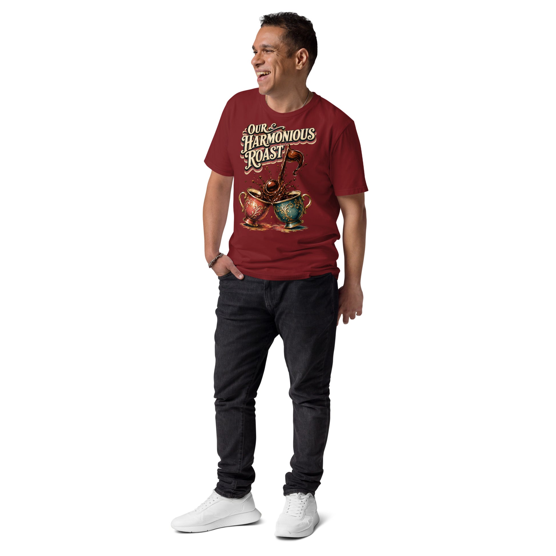 Coffee Lovers Unisex Organic Cotton T-Shirt Our Harmonious Roast – Musical Coffee Cups & Splatter Graphic Tee by printfluence.net