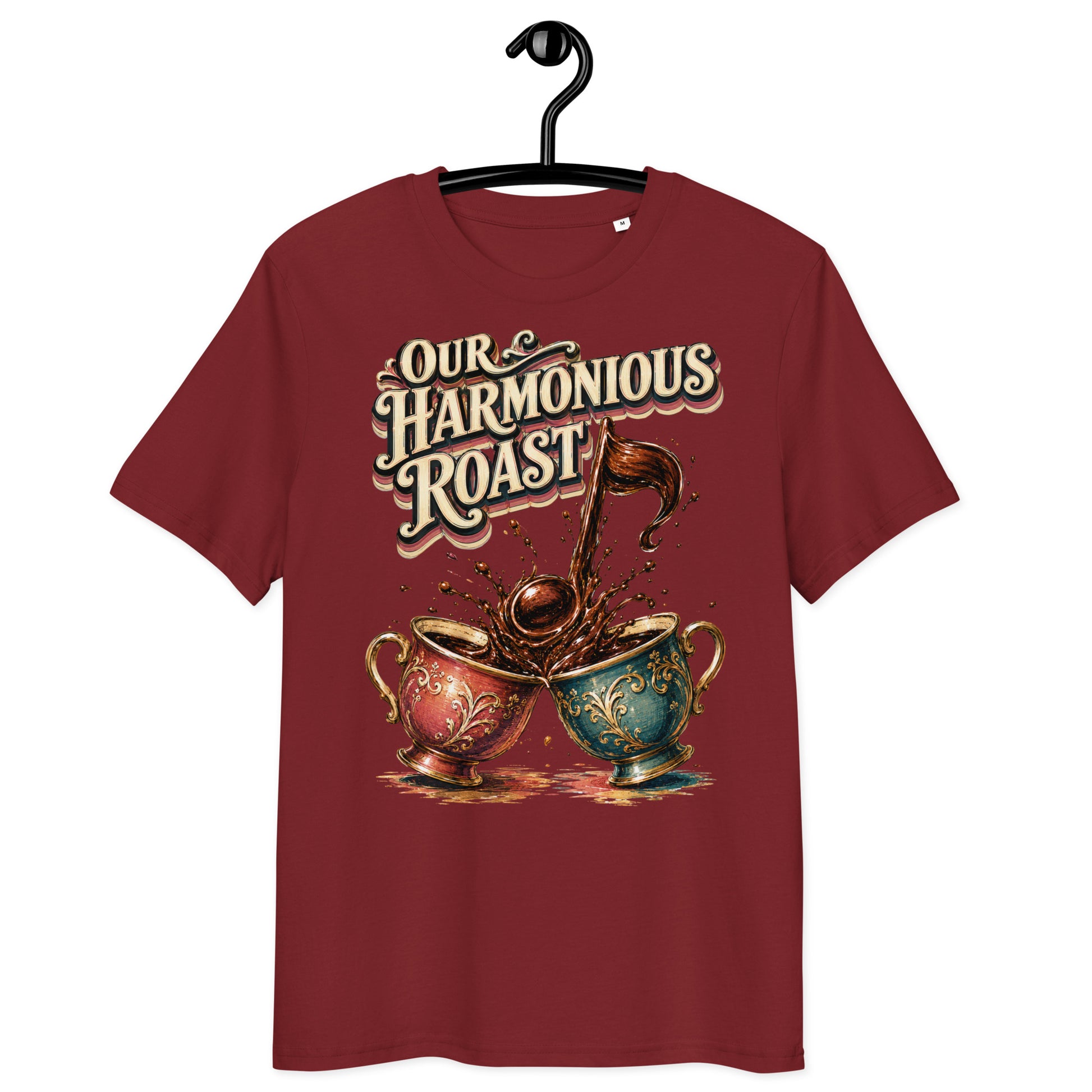 Coffee Lovers Unisex Organic Cotton T-Shirt Our Harmonious Roast – Musical Coffee Cups & Splatter Graphic Tee by printfluence.net