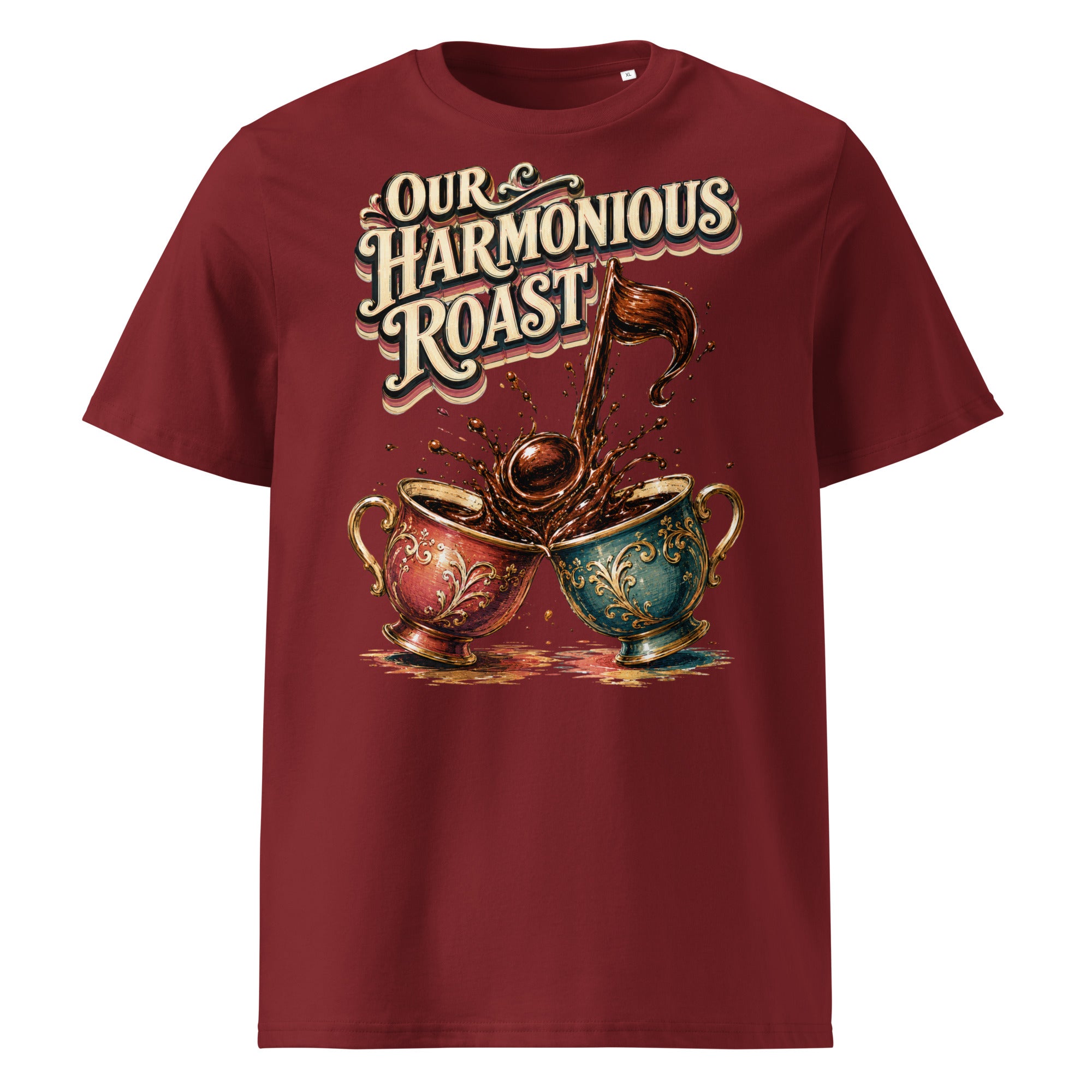 Coffee Lovers Unisex Organic Cotton T-Shirt Our Harmonious Roast – Musical Coffee Cups & Splatter Graphic Tee by printfluence.net