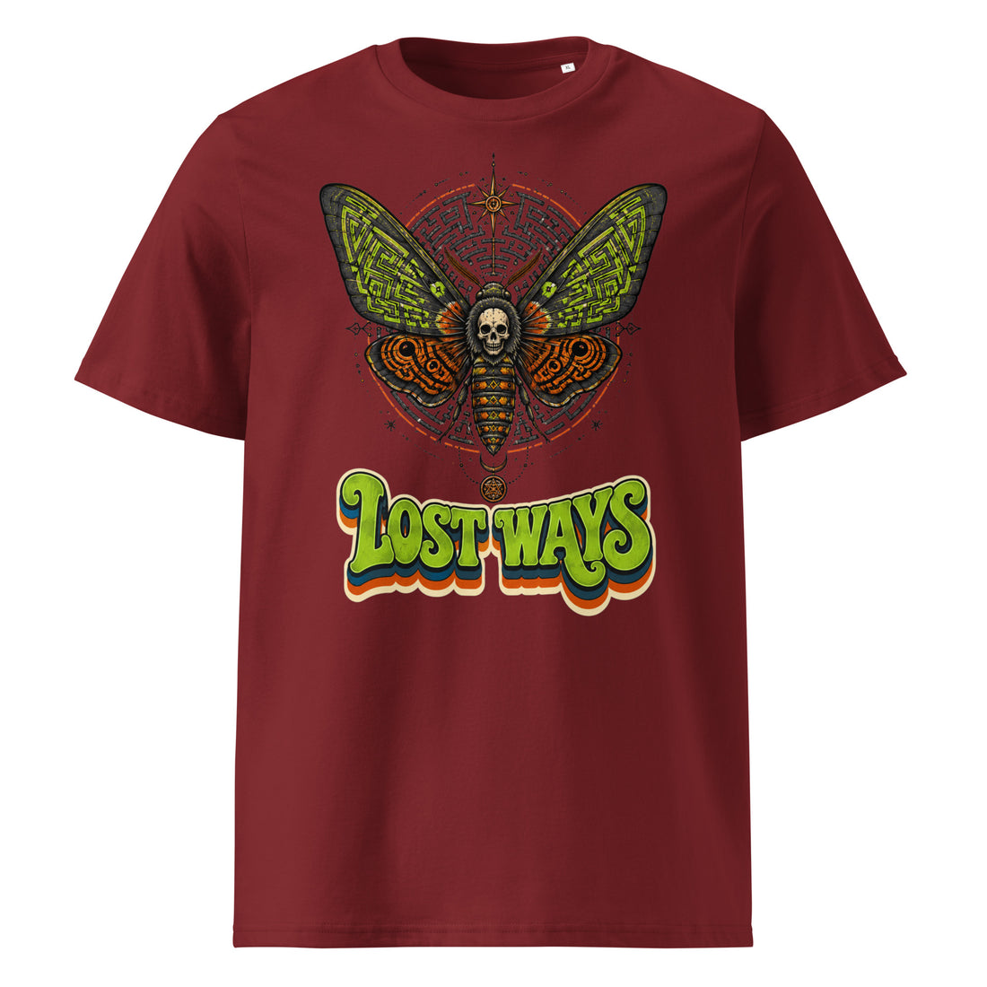 Horror & Mystery Lovers Unisex Organic Cotton T-Shirt with Death's-Head Moth and "Lost Ways" Maze Design by printfluence.net