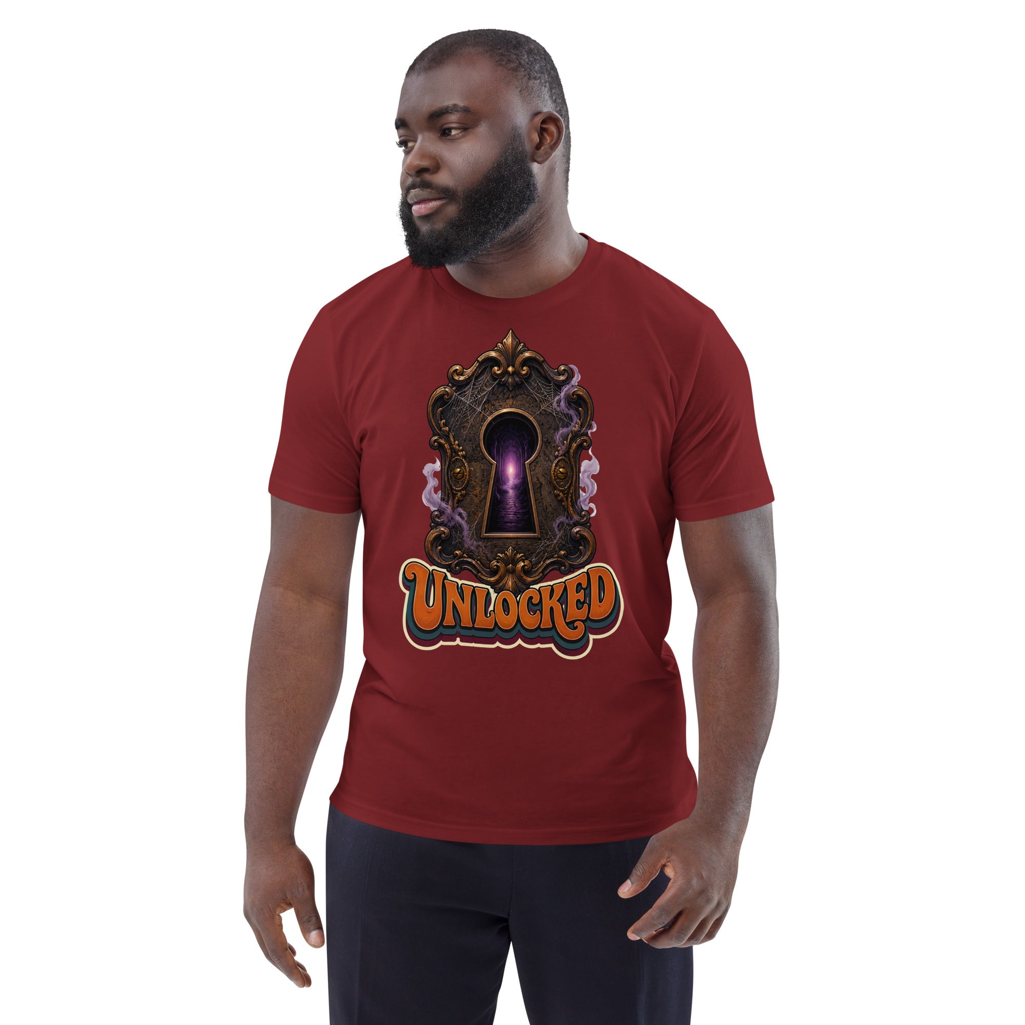 Horror and Mystery Lovers Unisex Organic Cotton Creator 2.0 T-Shirt — "Unlocked" Mystical Portal Design by printfluence.net