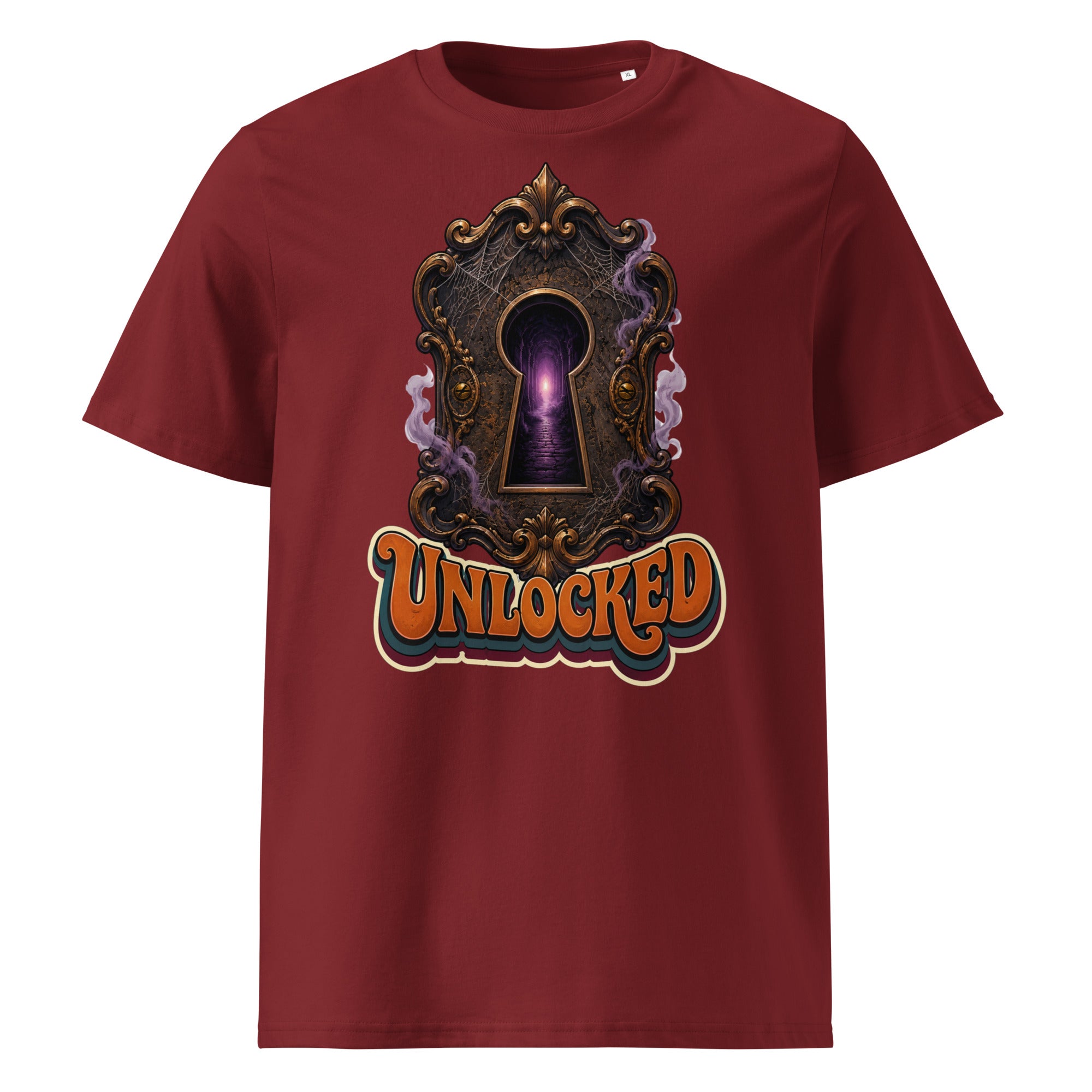 Horror and Mystery Lovers Unisex Organic Cotton Creator 2.0 T-Shirt — "Unlocked" Mystical Portal Design by printfluence.net