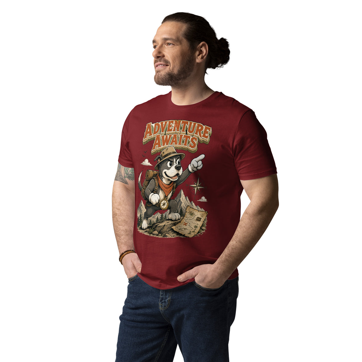 Pitbull Lovers | Unisex Organic Cotton T-Shirt - Adventure Awaits Explorer Dog by printfluence.net