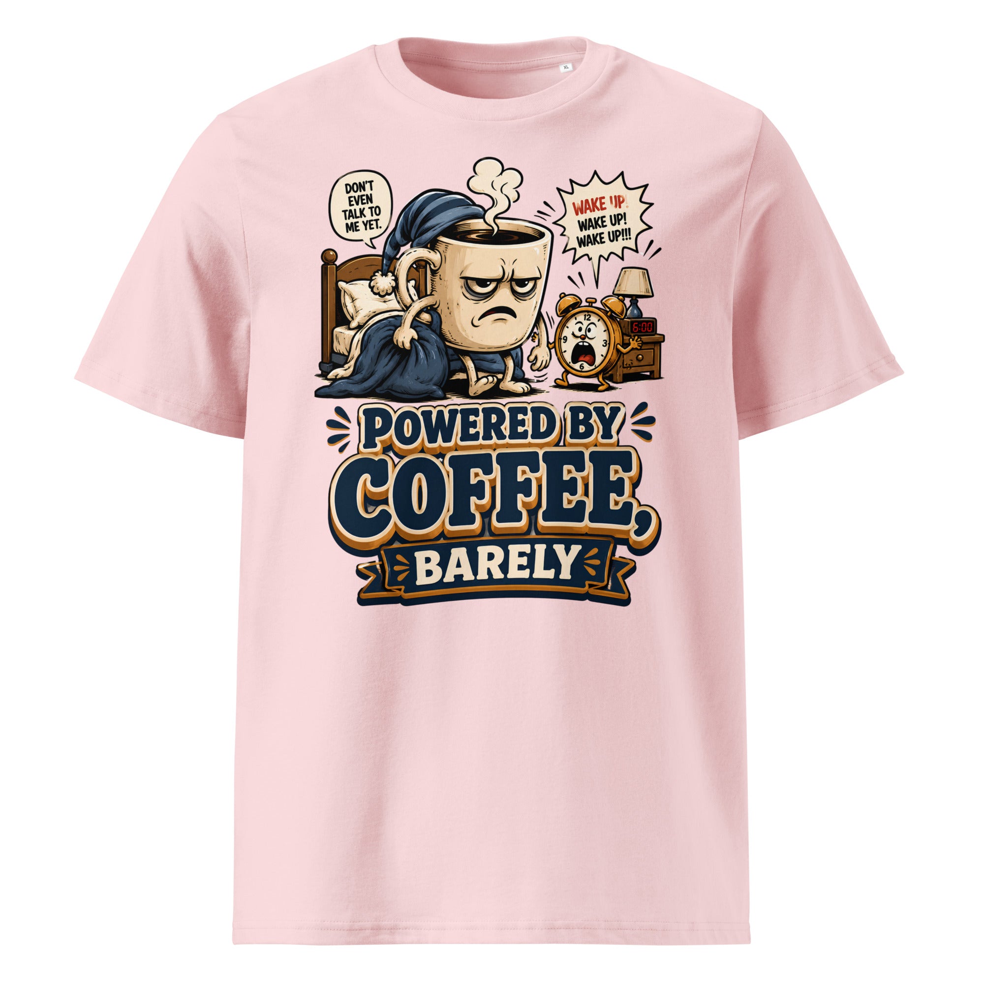 Coffee Lovers Unisex Organic Cotton Tee - Powered By Coffee, Barely! by printfluence.net