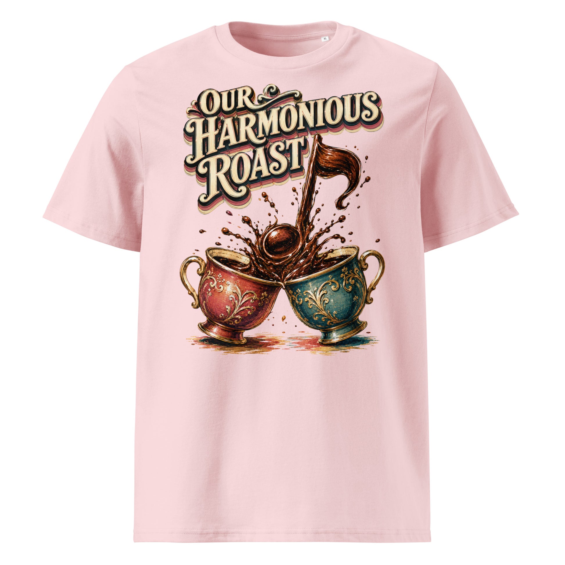 Coffee Lovers Unisex Organic Cotton T-Shirt Our Harmonious Roast – Musical Coffee Cups & Splatter Graphic Tee by printfluence.net
