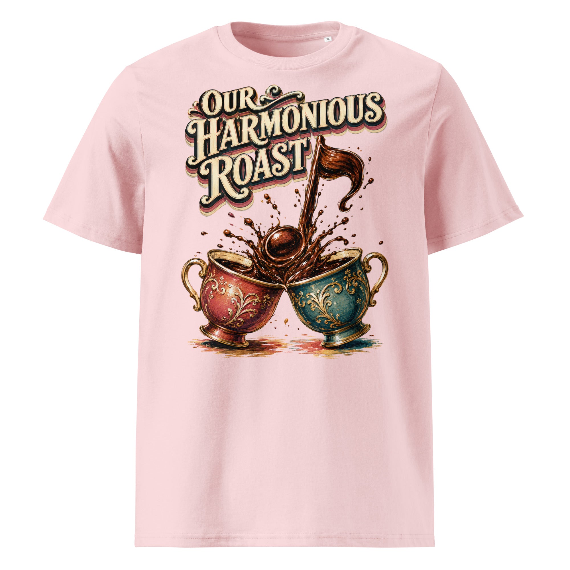 Coffee Lovers Unisex Organic Cotton T-Shirt Our Harmonious Roast – Musical Coffee Cups & Splatter Graphic Tee by printfluence.net