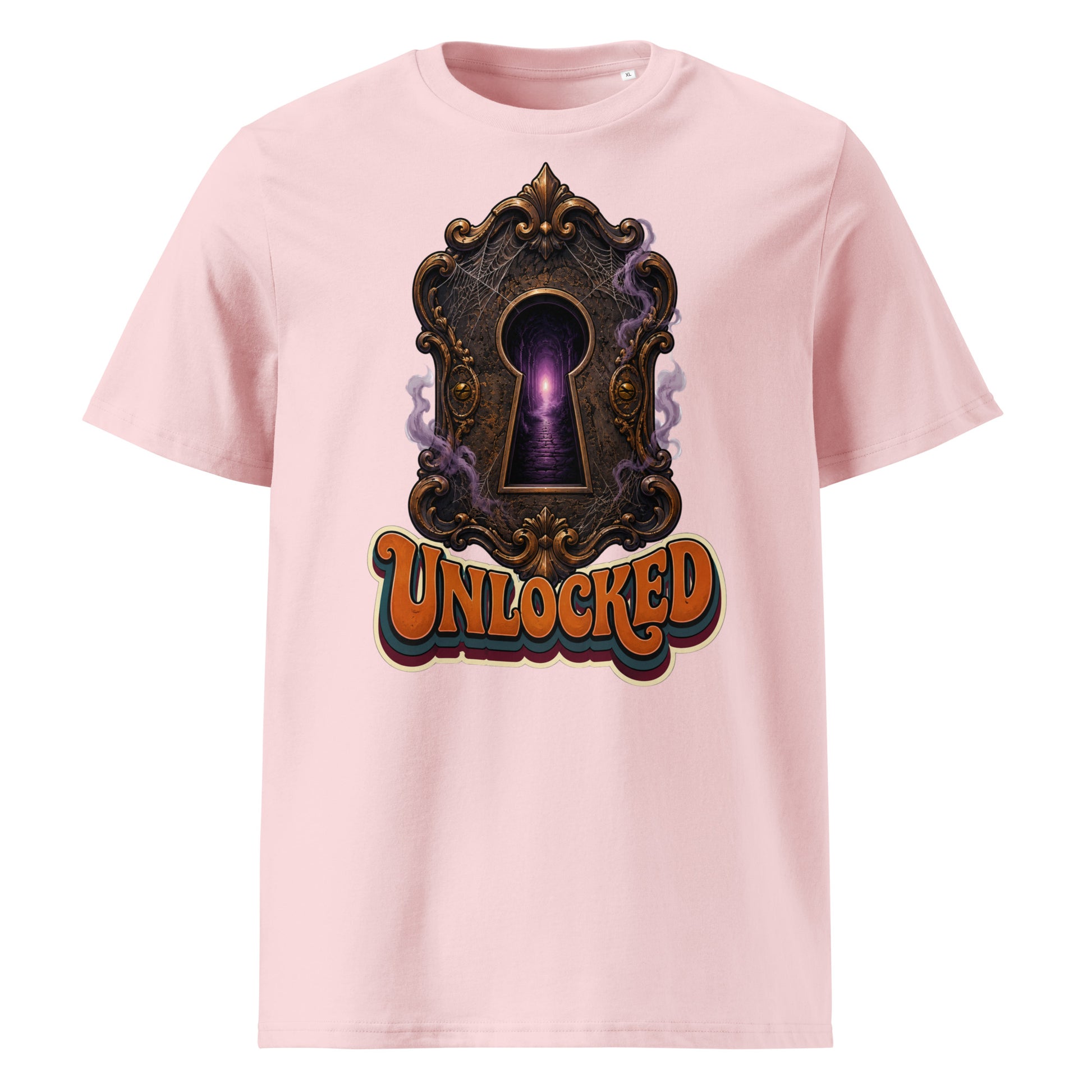 Horror and Mystery Lovers Unisex Organic Cotton Creator 2.0 T-Shirt — "Unlocked" Mystical Portal Design by printfluence.net