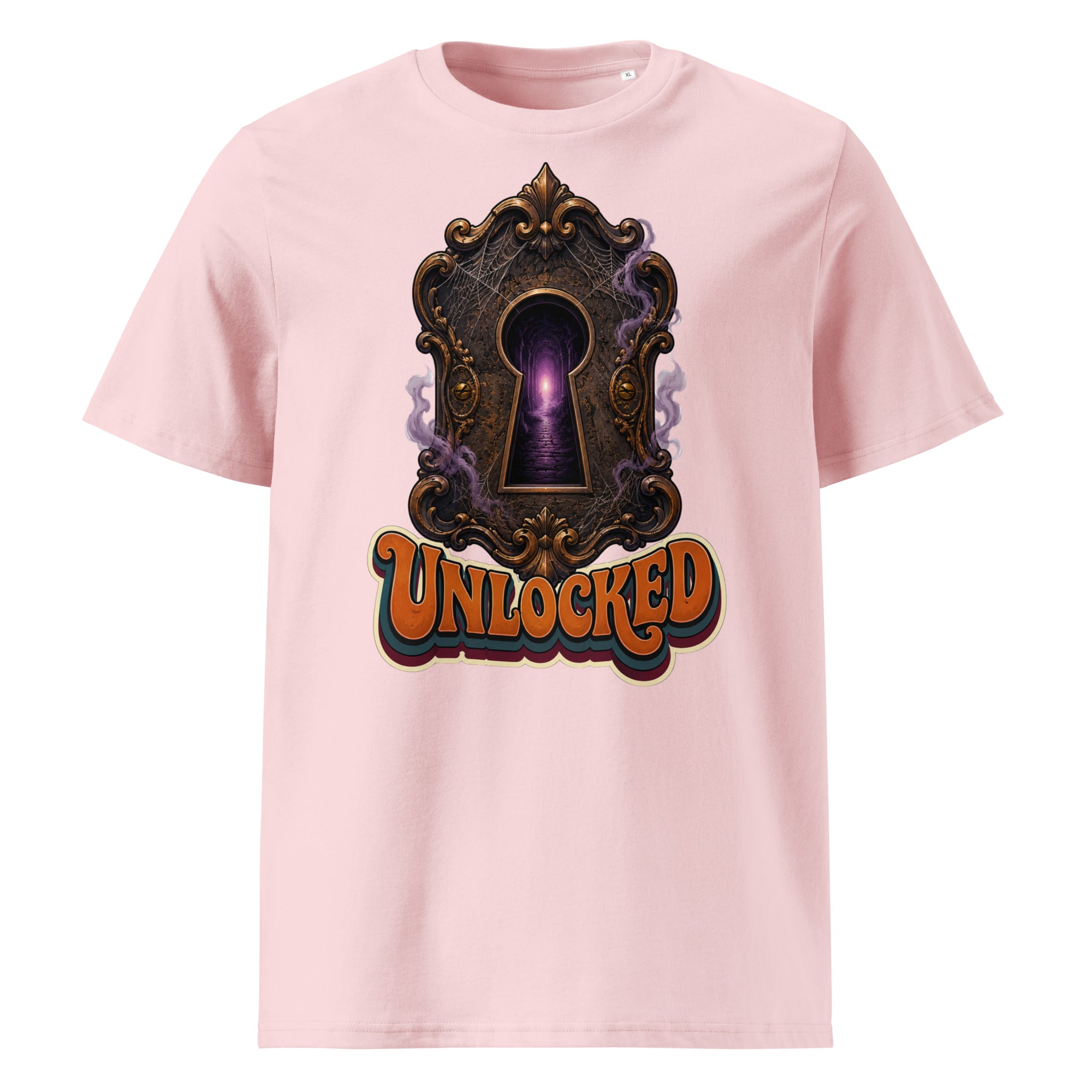 Horror and Mystery Lovers Unisex Organic Cotton Creator 2.0 T-Shirt — "Unlocked" Mystical Portal Design by printfluence.net