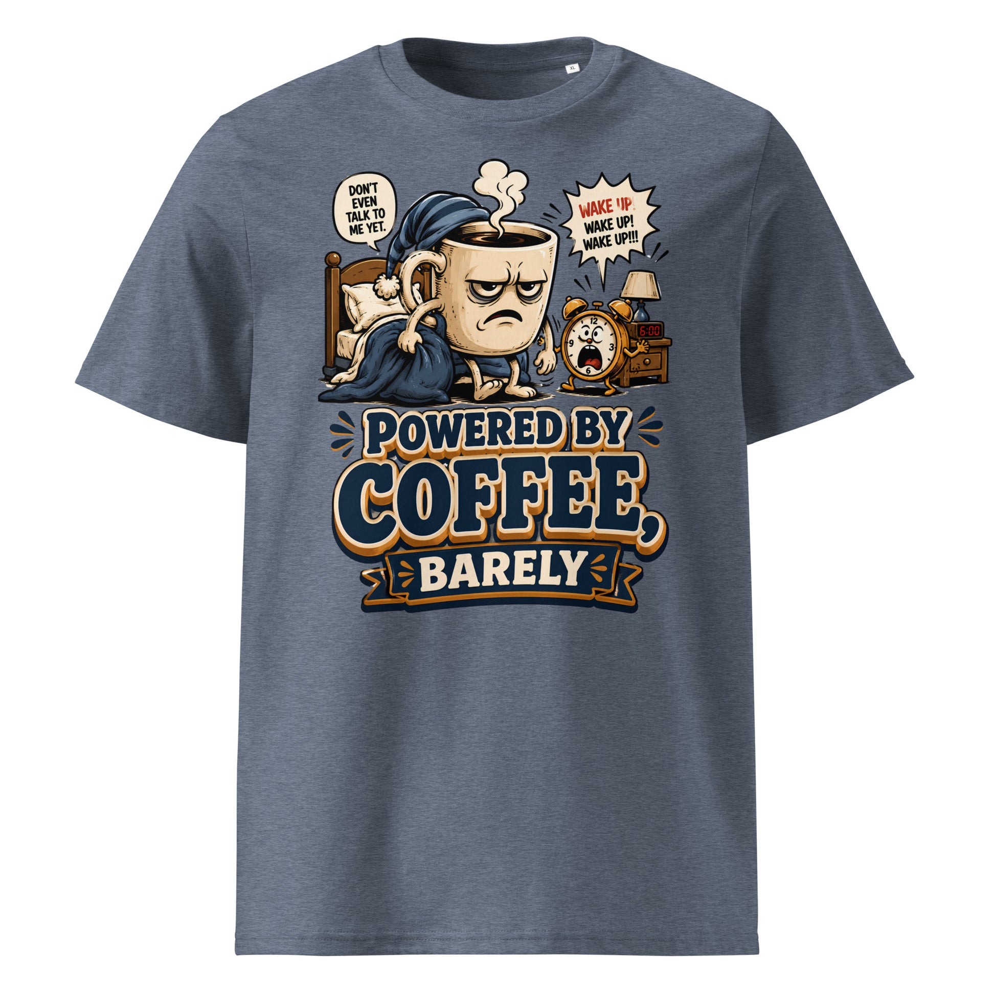 Coffee Lovers Unisex Organic Cotton Tee - Powered By Coffee, Barely! by printfluence.net