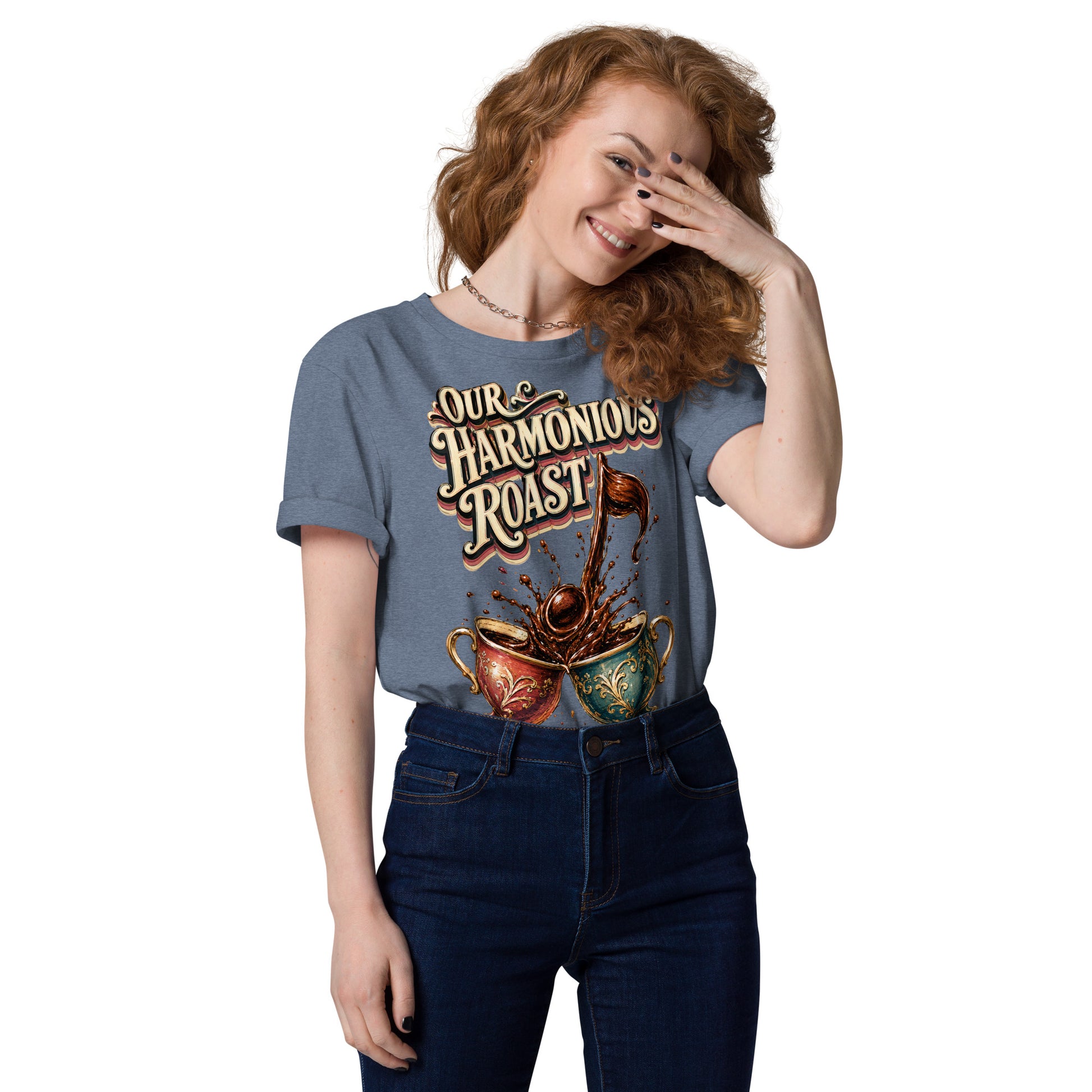 Coffee Lovers Unisex Organic Cotton T-Shirt Our Harmonious Roast – Musical Coffee Cups & Splatter Graphic Tee by printfluence.net