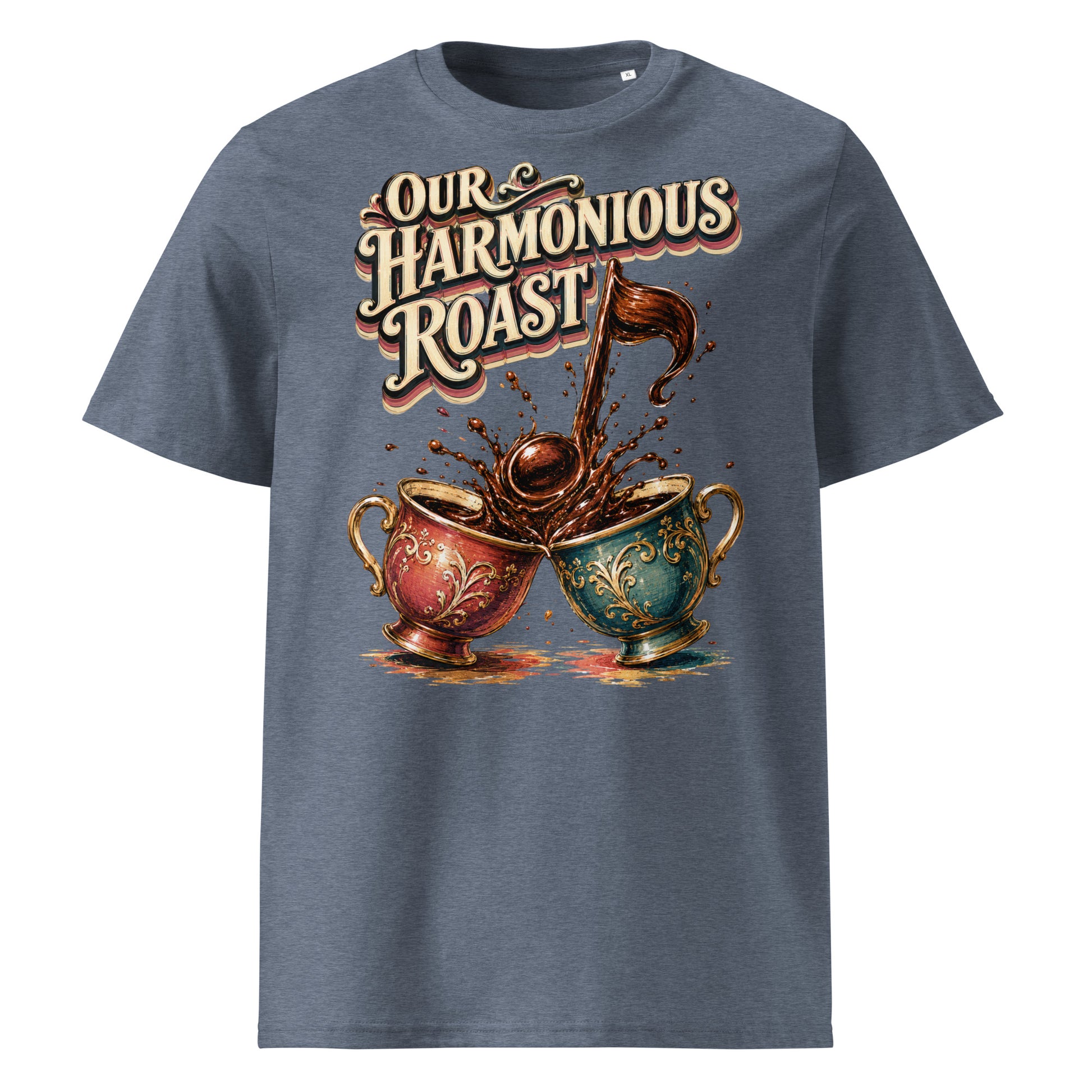 Coffee Lovers Unisex Organic Cotton T-Shirt Our Harmonious Roast – Musical Coffee Cups & Splatter Graphic Tee by printfluence.net