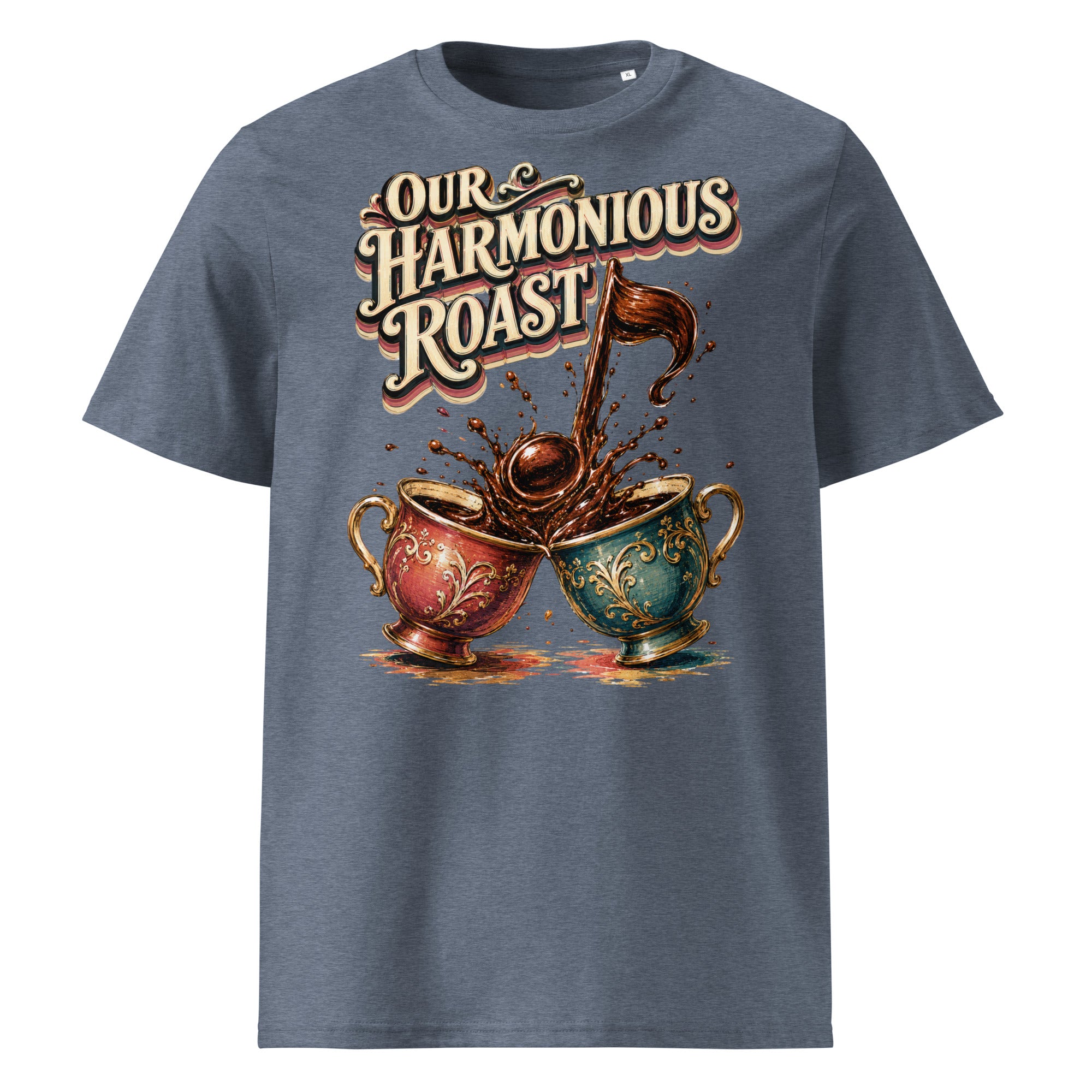 Coffee Lovers Unisex Organic Cotton T-Shirt Our Harmonious Roast – Musical Coffee Cups & Splatter Graphic Tee by printfluence.net
