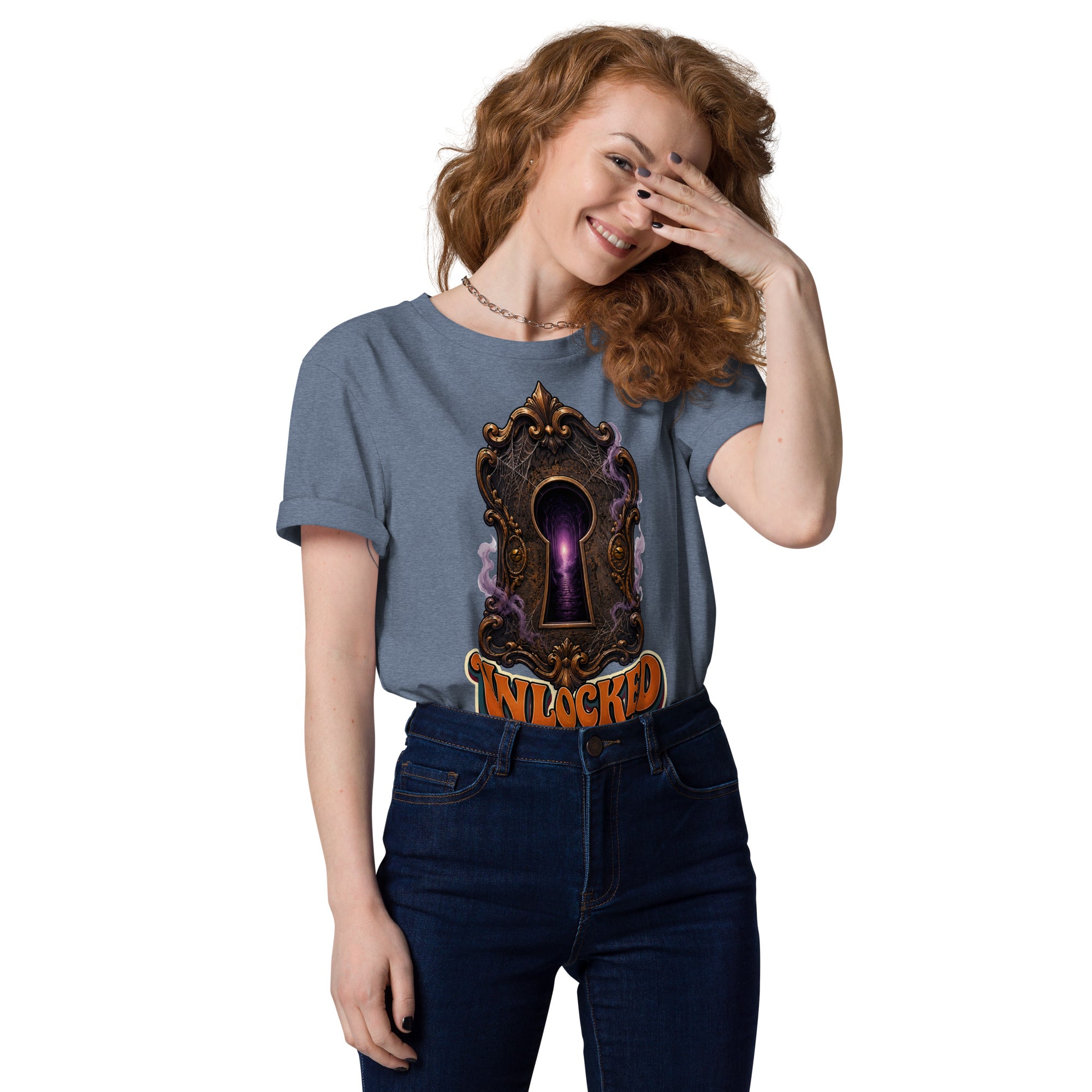 Horror and Mystery Lovers Unisex Organic Cotton Creator 2.0 T-Shirt — "Unlocked" Mystical Portal Design by printfluence.net