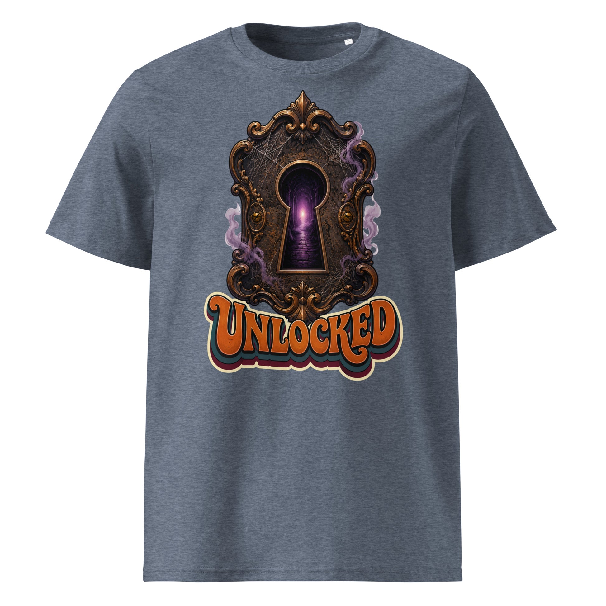 Horror and Mystery Lovers Unisex Organic Cotton Creator 2.0 T-Shirt — "Unlocked" Mystical Portal Design by printfluence.net