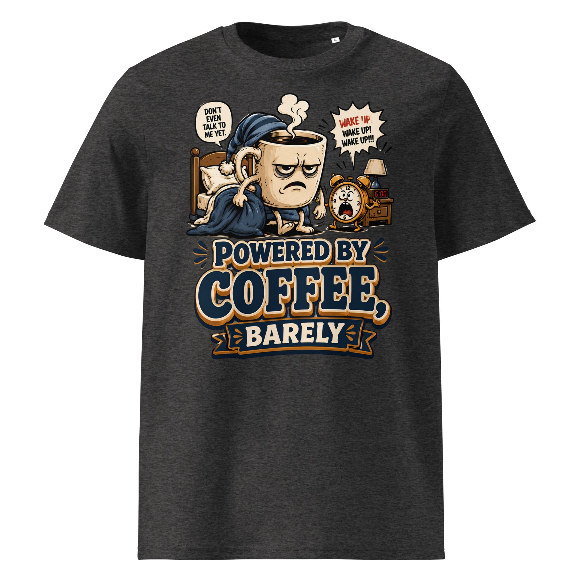 Coffee Lovers Unisex Organic Cotton Tee - Powered By Coffee, Barely! by printfluence.net