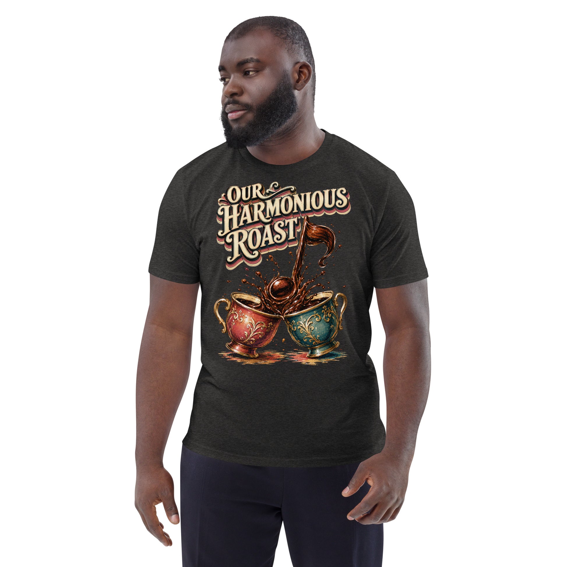 Coffee Lovers Unisex Organic Cotton T-Shirt Our Harmonious Roast – Musical Coffee Cups & Splatter Graphic Tee by printfluence.net