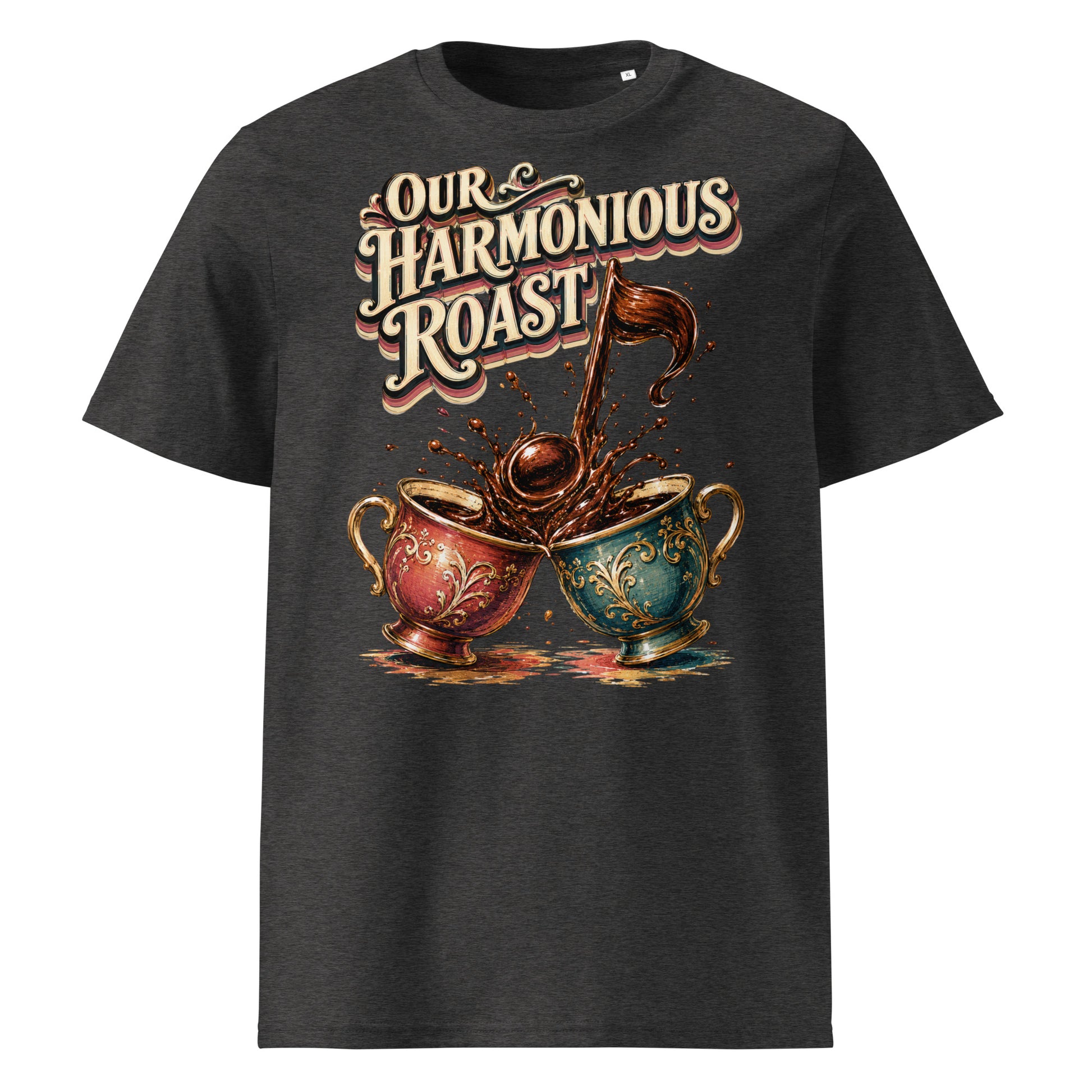 Coffee Lovers Unisex Organic Cotton T-Shirt Our Harmonious Roast – Musical Coffee Cups & Splatter Graphic Tee by printfluence.net