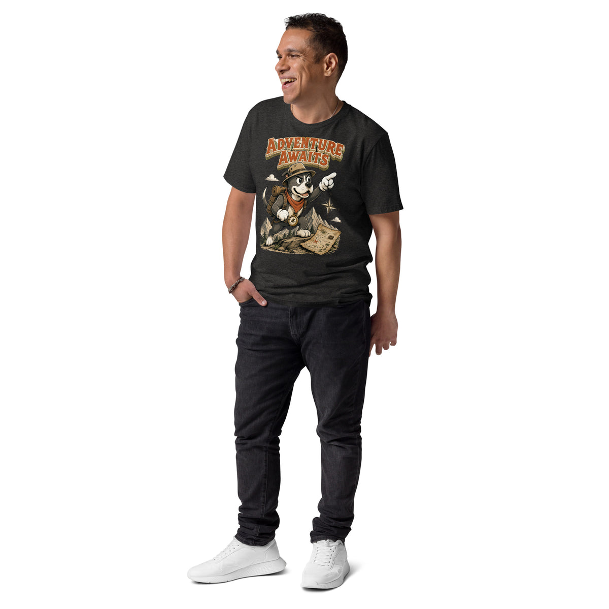 Pitbull Lovers | Unisex Organic Cotton T-Shirt - Adventure Awaits Explorer Dog by printfluence.net