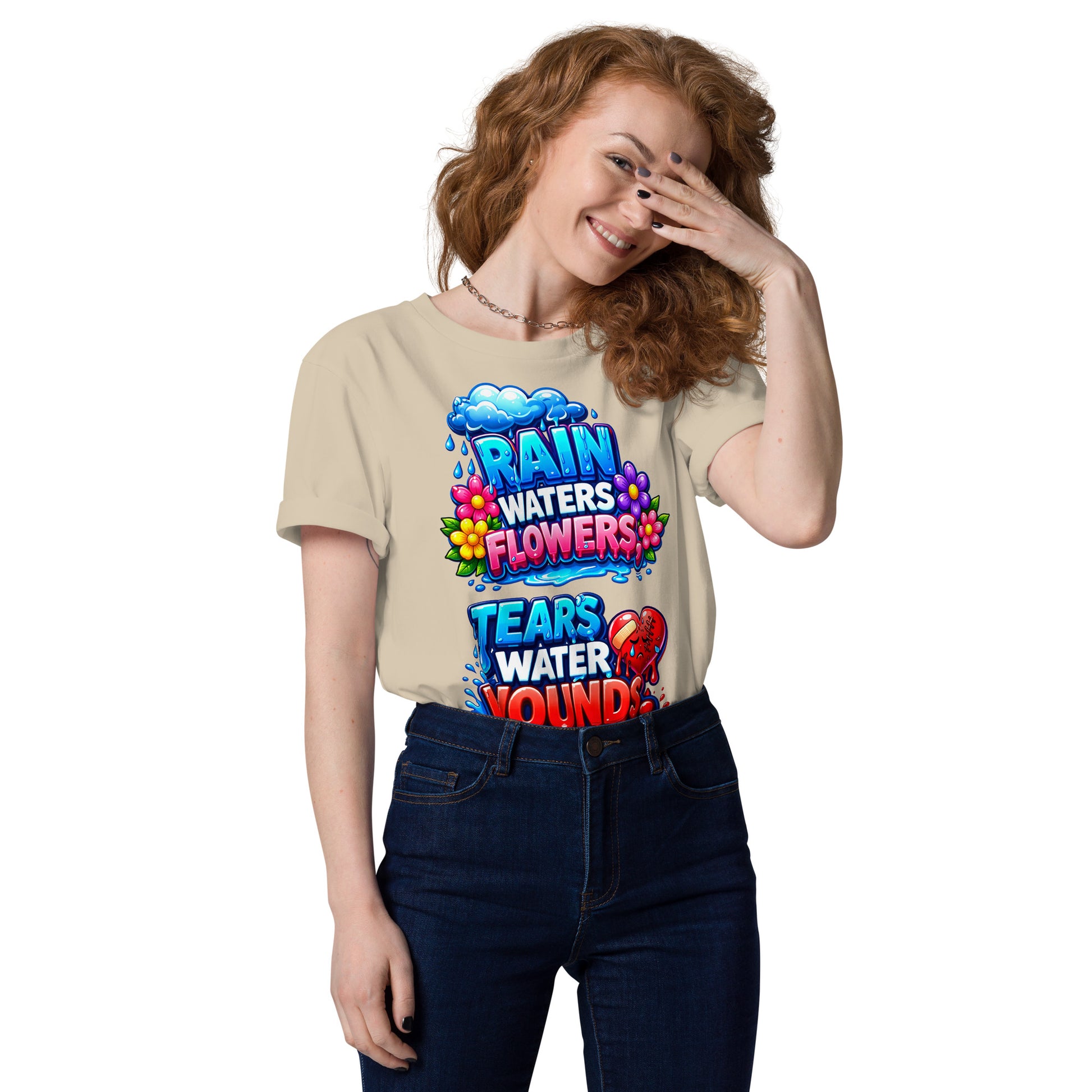 Unisex organic cotton t-shirt - Inspirational Healing Hearts Organic Tee – "Rain Waters Flowers" Positive Quote T-Shirt by printfluence.net