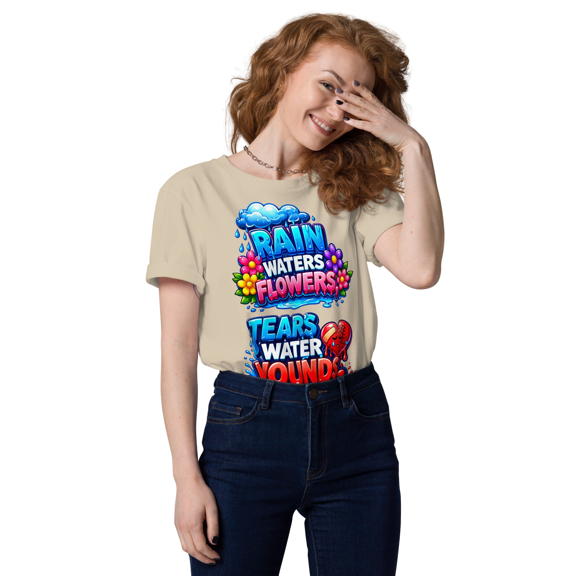 Unisex organic cotton t-shirt - Inspirational Healing Hearts Organic Tee – "Rain Waters Flowers" Positive Quote T-Shirt by printfluence.net