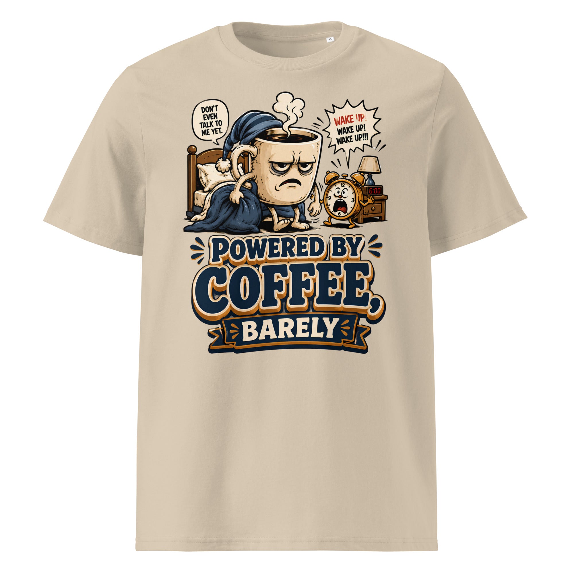Coffee Lovers Unisex Organic Cotton Tee - Powered By Coffee, Barely! by printfluence.net