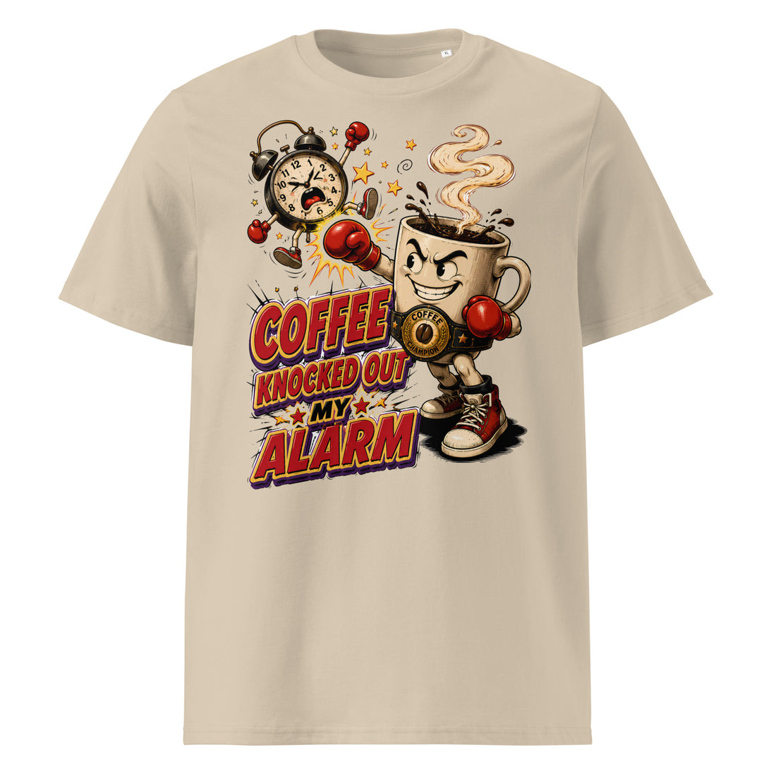 Coffee Lovers Unisex Organic Cotton T-SHIRT Coffee Knocked Out My Alarm – Funny Morning Motivation Graphic Tee by printfluence.net