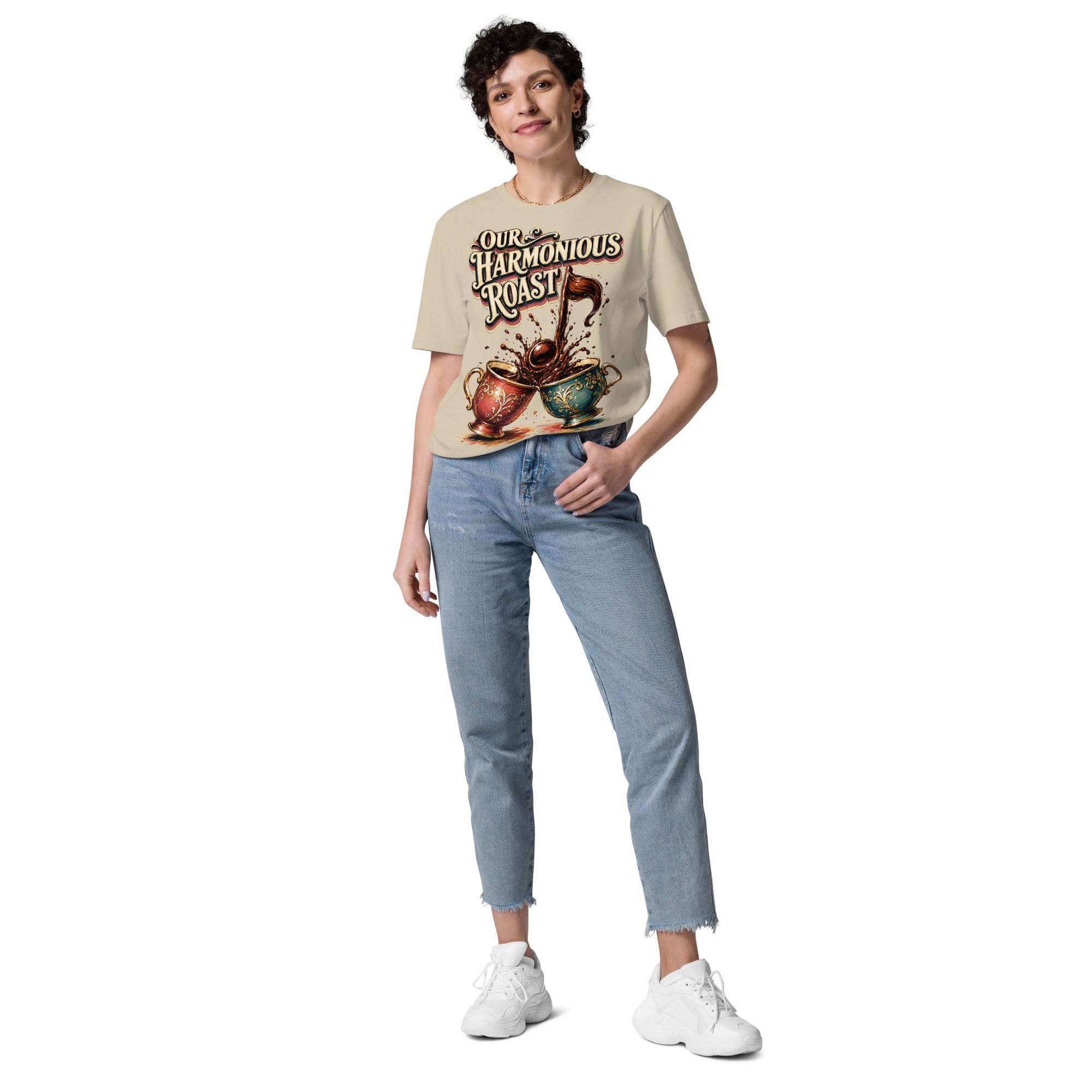 Coffee Lovers Unisex Organic Cotton T-Shirt Our Harmonious Roast – Musical Coffee Cups & Splatter Graphic Tee by printfluence.net