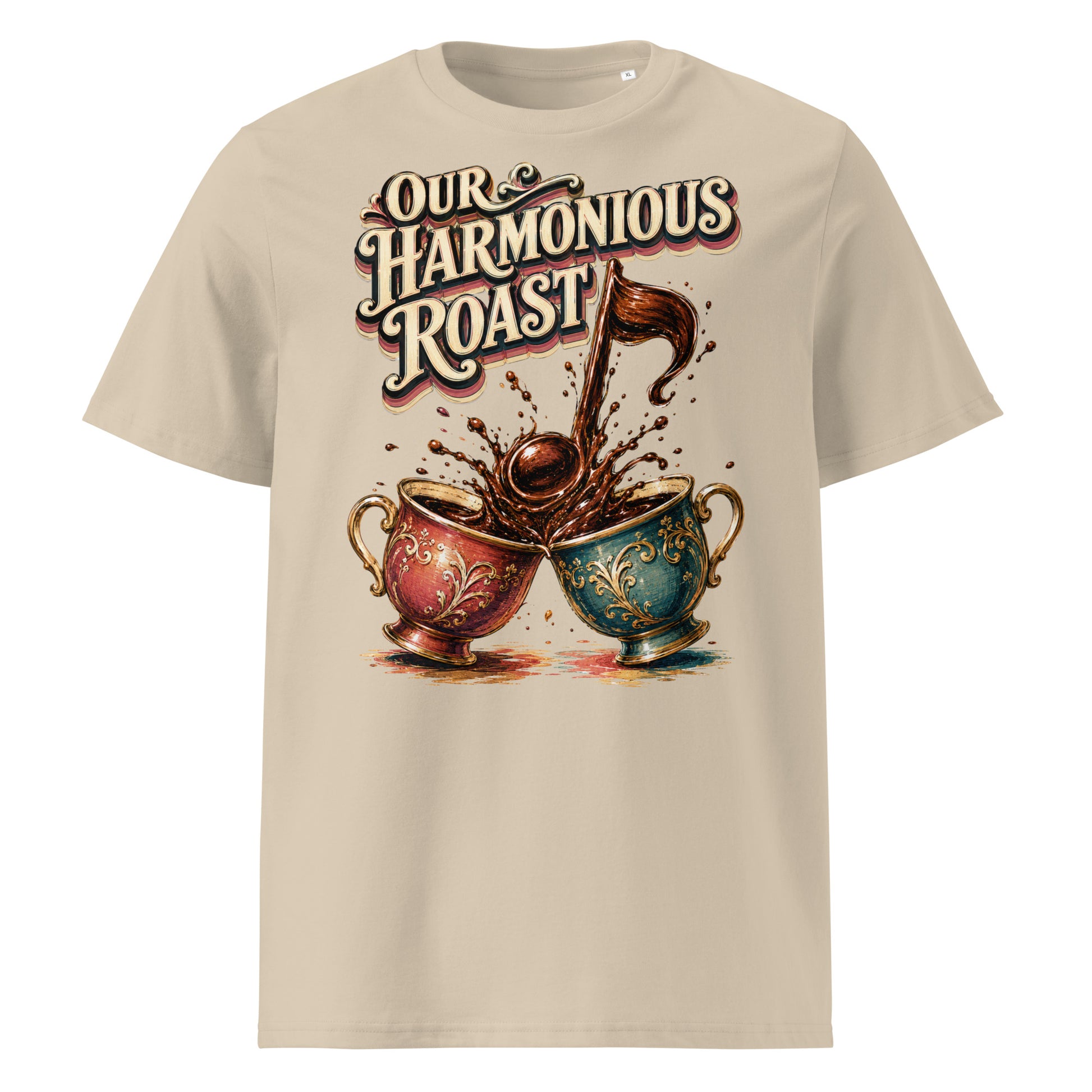 Coffee Lovers Unisex Organic Cotton T-Shirt Our Harmonious Roast – Musical Coffee Cups & Splatter Graphic Tee by printfluence.net