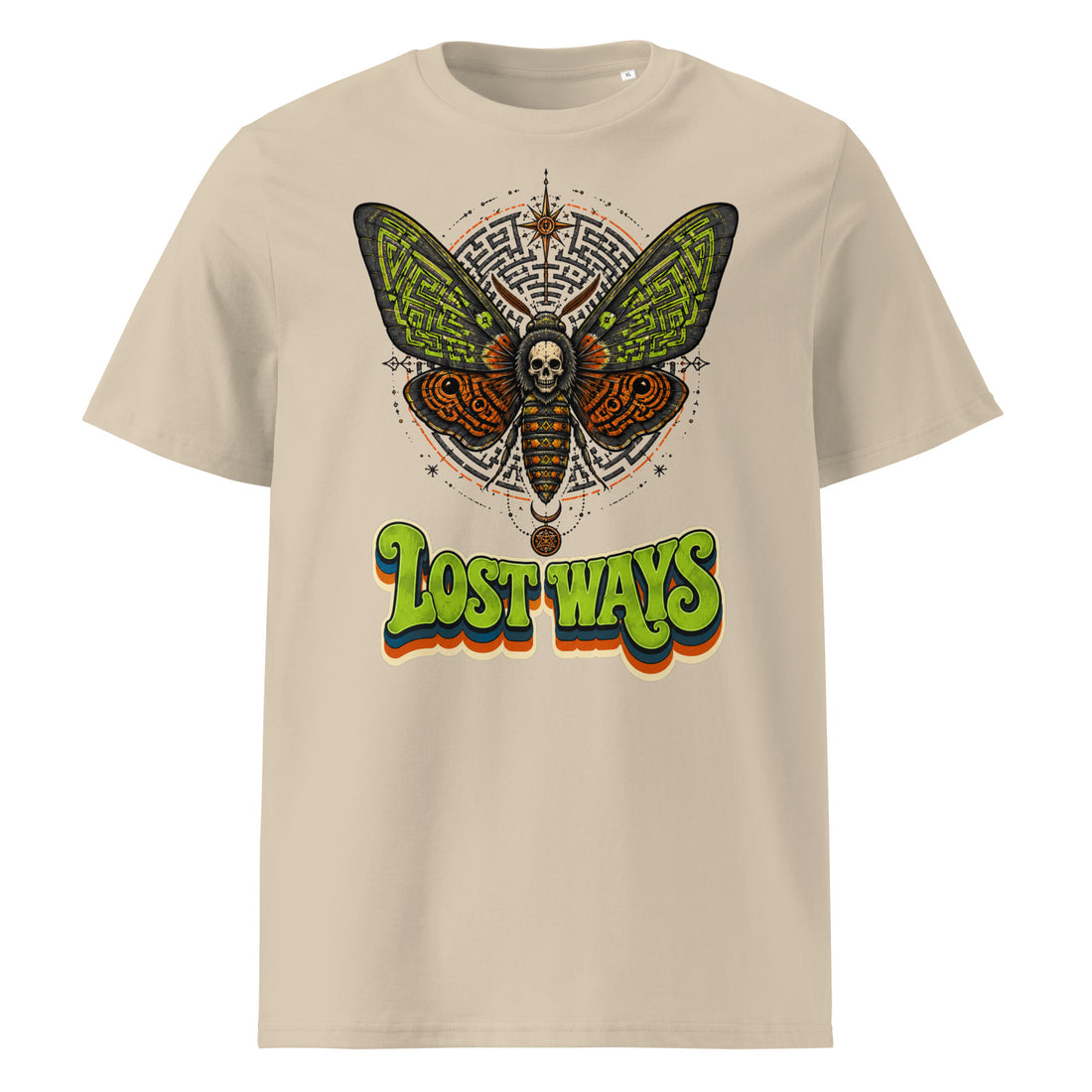 Horror & Mystery Lovers Unisex Organic Cotton T-Shirt with Death's-Head Moth and "Lost Ways" Maze Design by printfluence.net
