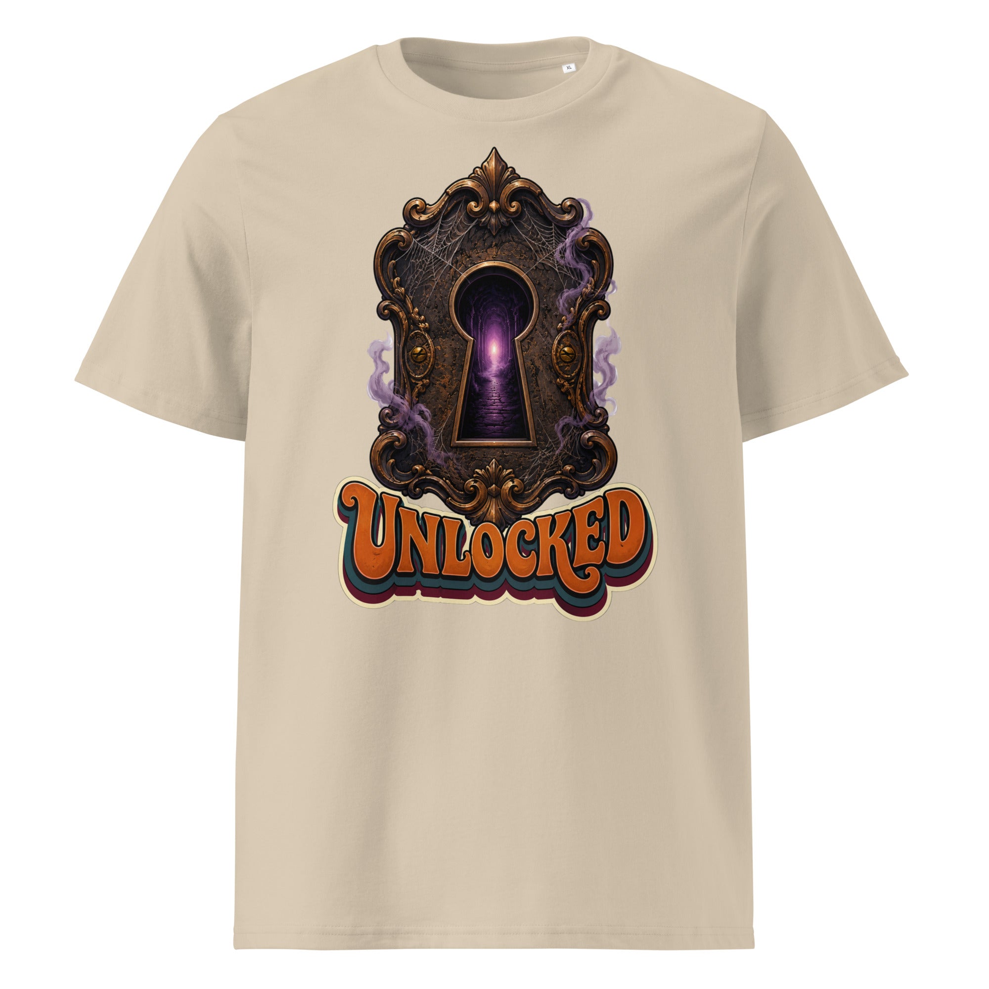 Horror and Mystery Lovers Unisex Organic Cotton Creator 2.0 T-Shirt — "Unlocked" Mystical Portal Design by printfluence.net