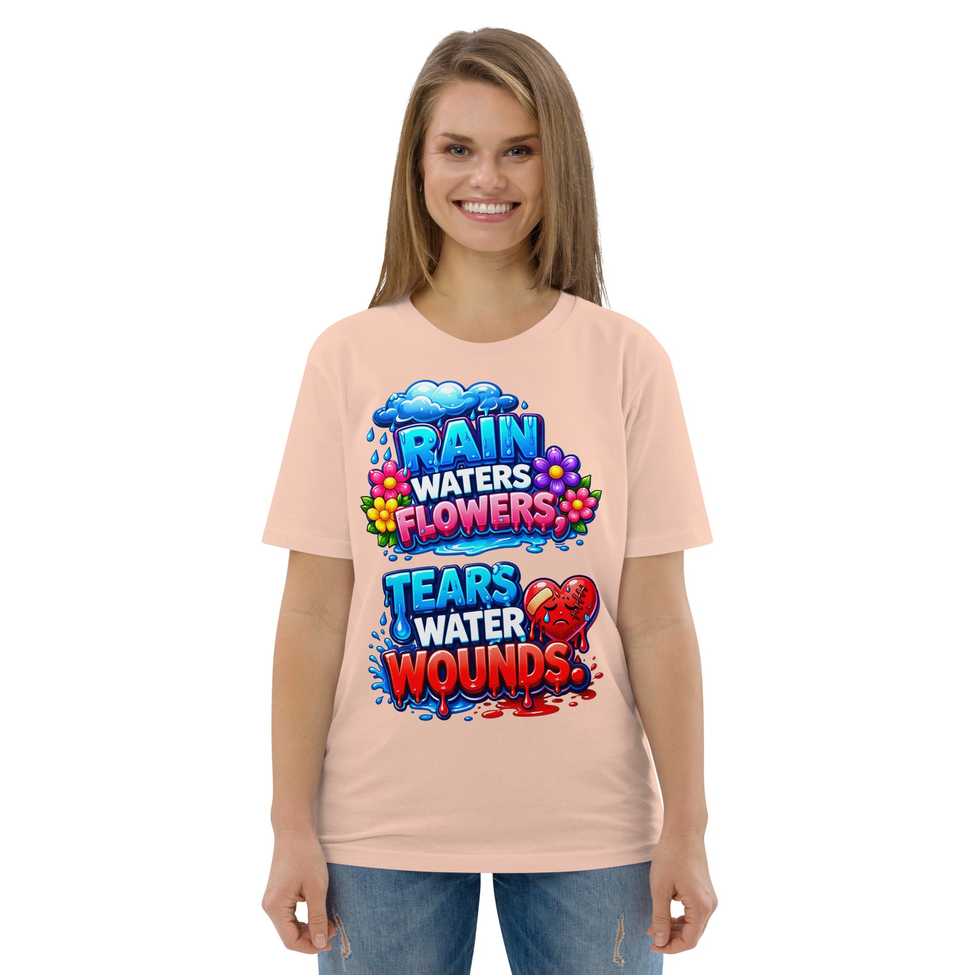 Unisex organic cotton t-shirt - Inspirational Healing Hearts Organic Tee – "Rain Waters Flowers" Positive Quote T-Shirt by printfluence.net