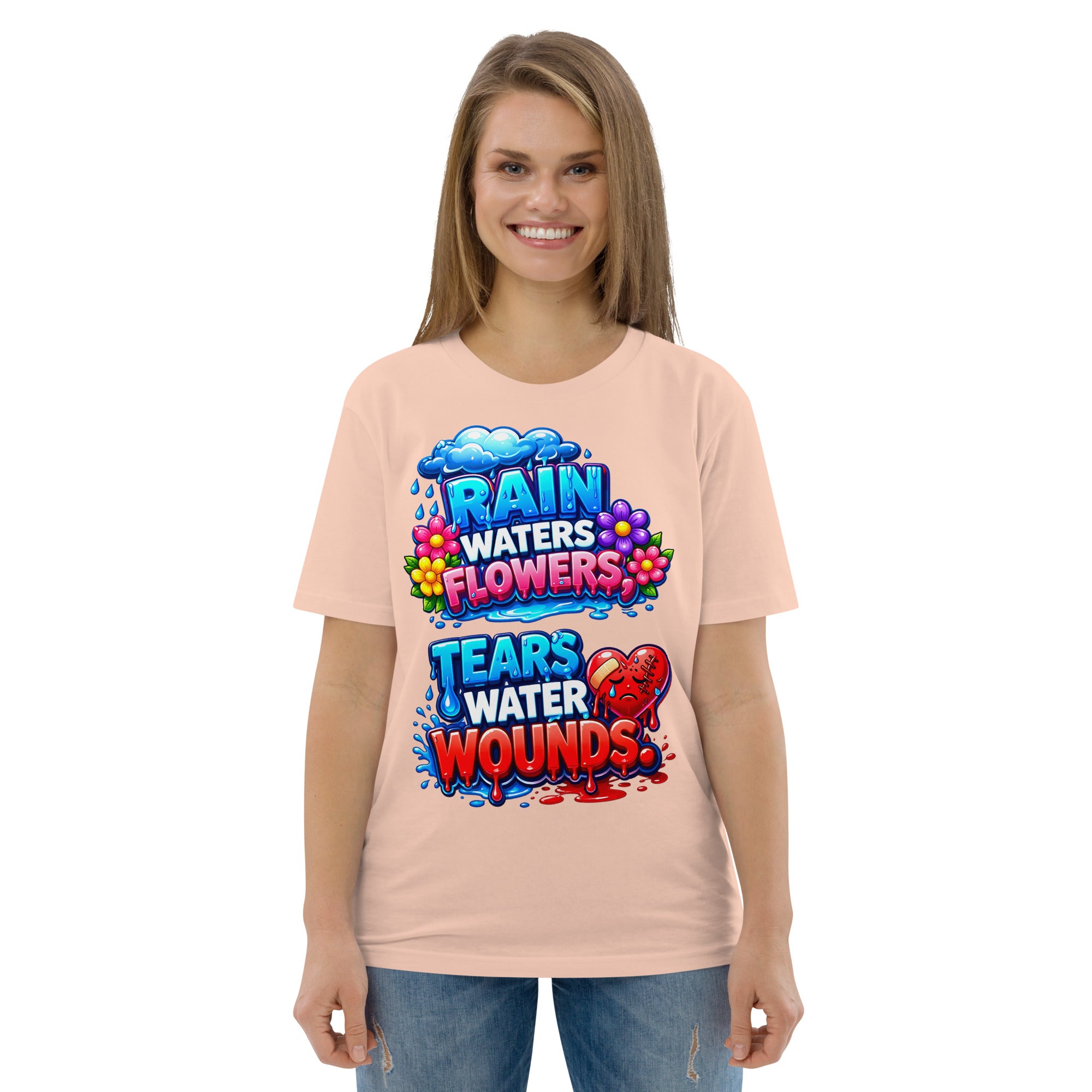 Unisex organic cotton t-shirt - Inspirational Healing Hearts Organic Tee – "Rain Waters Flowers" Positive Quote T-Shirt by printfluence.net