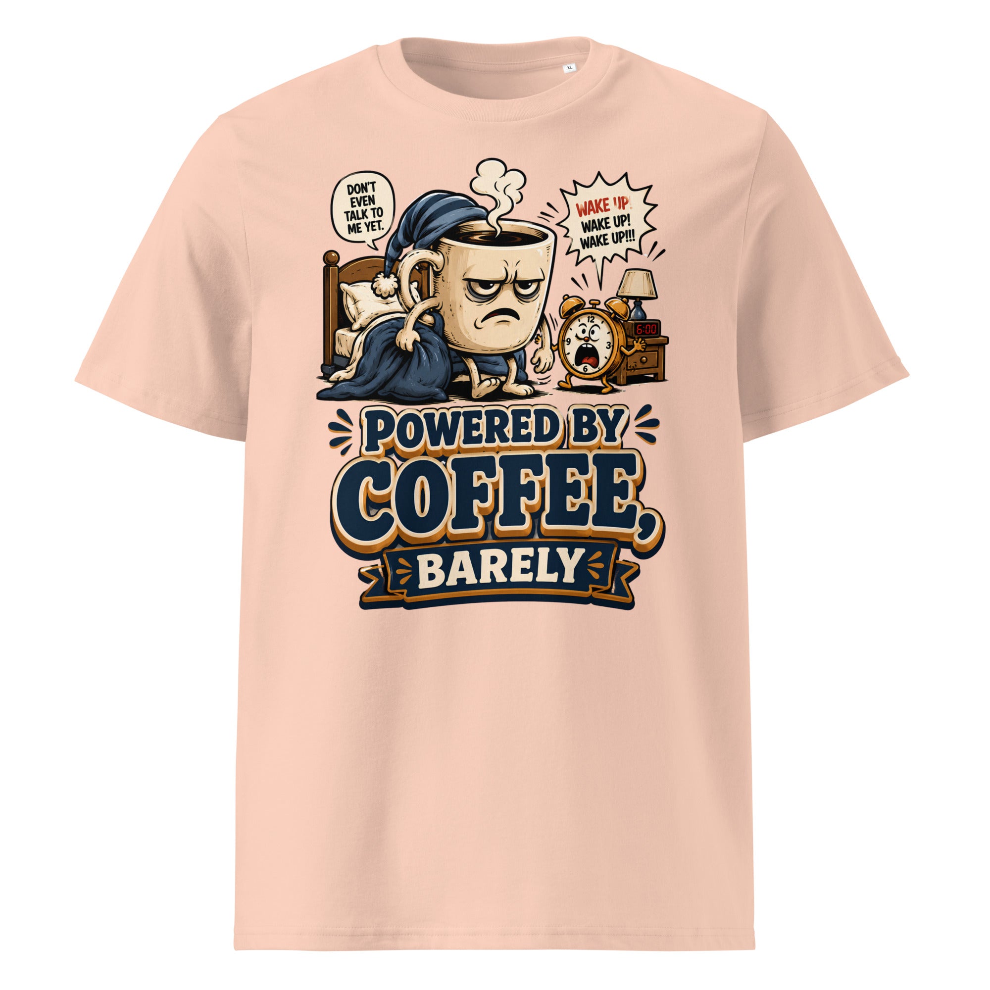 Coffee Lovers Unisex Organic Cotton Tee - Powered By Coffee, Barely! by printfluence.net